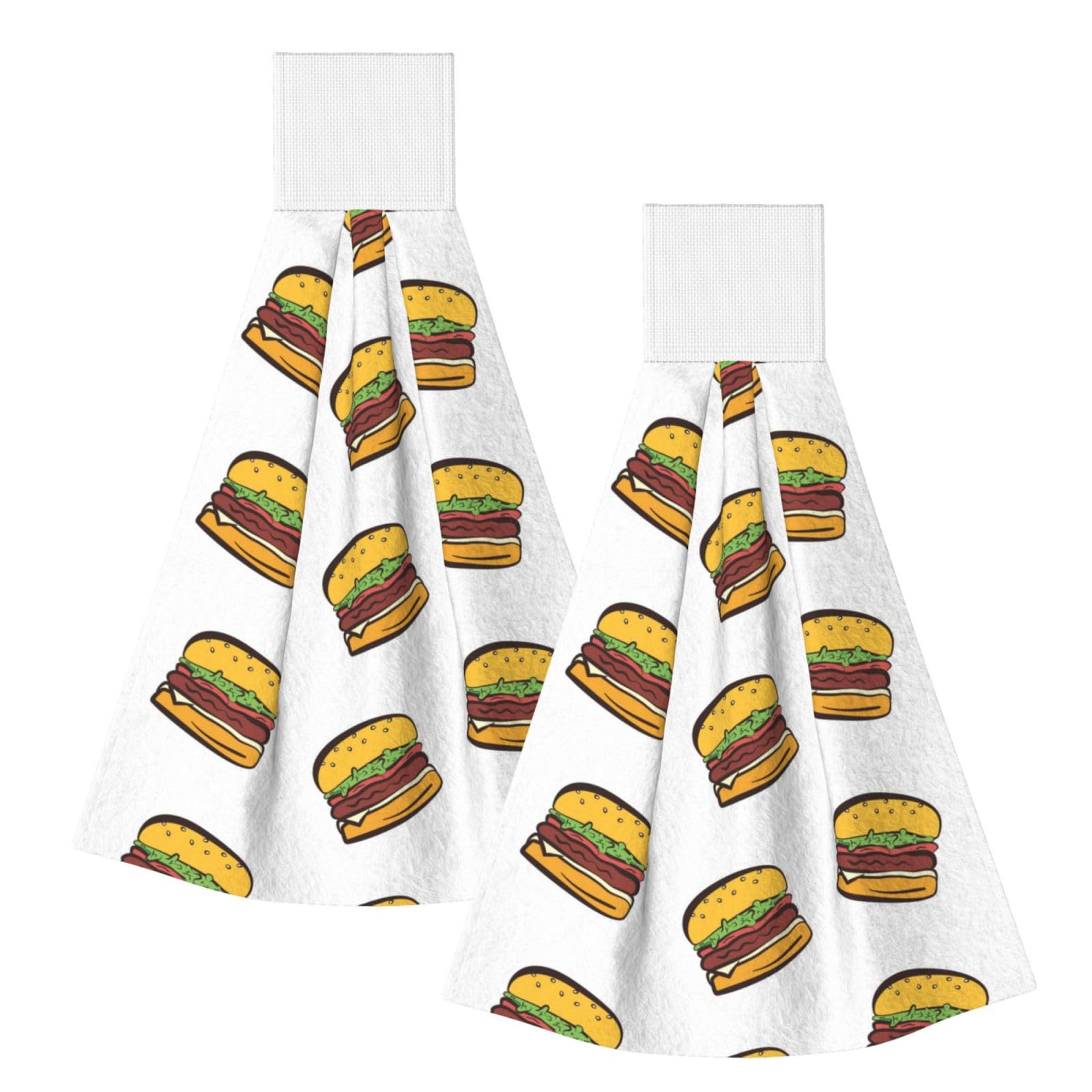 DOPKLNA Hamburger Cartoon Cute, 2 Pcs Hanging Coral Fiber Hand Towels for Bathroom, Absorbent Kitchen Towels