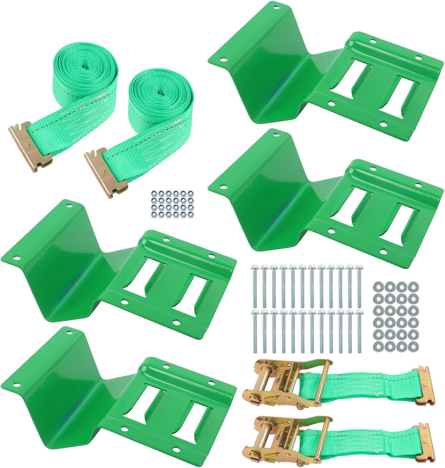 1 Set Green E-Track Wheel Chock Tie Down Kit with 2in x 15ft Heavy Duty Trailer Tire Ratchet Straps 4400lbs Break Strength Replacement for ATV UTV Lawn Mower