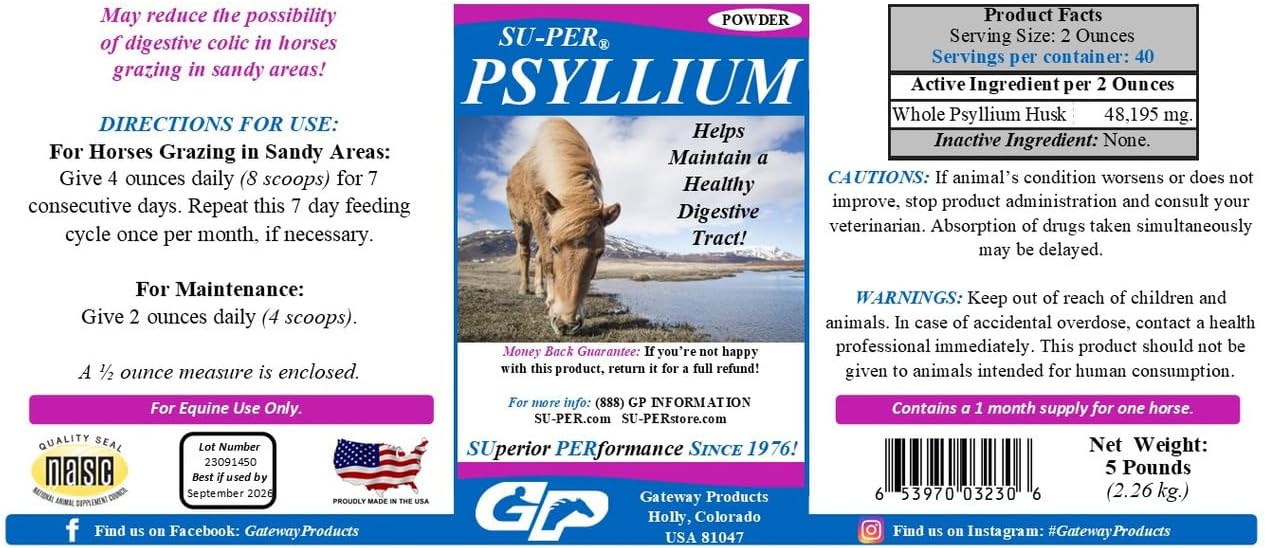 SU-PER Psyllium Horse Digestion Supplement - Maintains Healthy Digestive Tract in Horses - Supports Removal of Sand & Dirt from Intestinal Tract - 5 Pound