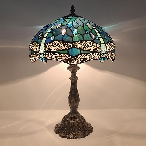 Miniatura 6 de Tiffany Lamp Stained Glass Table Lamp Bedside Reading Light W12H19 Inches (Sea Blue Dragonfly Style)