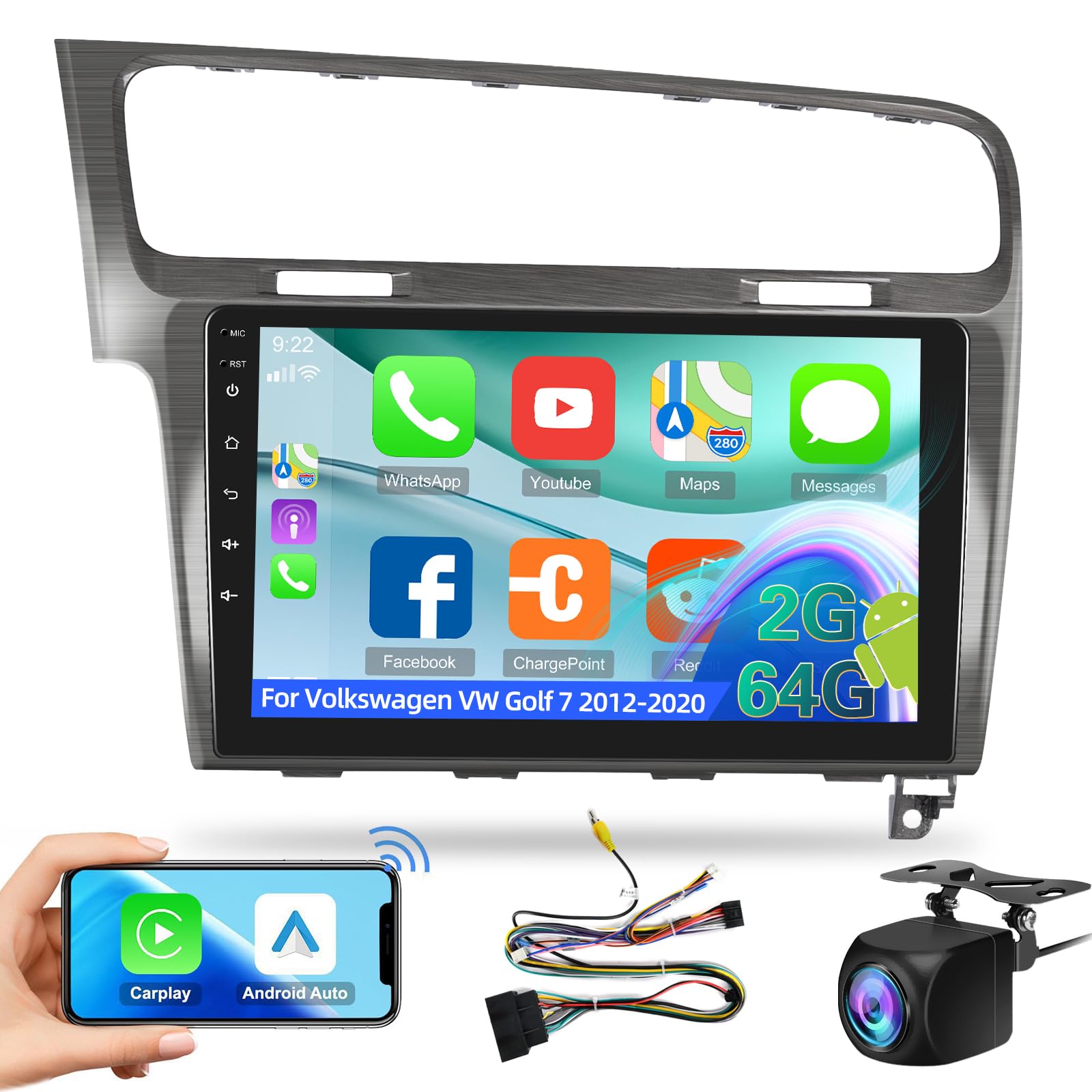 Autoradio pour Volkswagen VW Golf 7 2012-2020 avec Carplay & Android Auto | 2G+64G Autoradio à Écran Tactile 9 Pouces avec Wireless Carplay & Android Auto, WiFi, Navigation GPS, Bluetooth, FM RDS