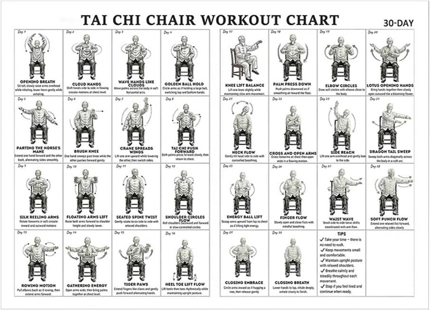 30 x 40 cm płótno Tai Chi krzesło trening wykres plakat wiszący siedzący ćwiczenia tabele łatwe wyświetlanie trening ćwiczenia wykres plakaty składane do salonu sypialni domu