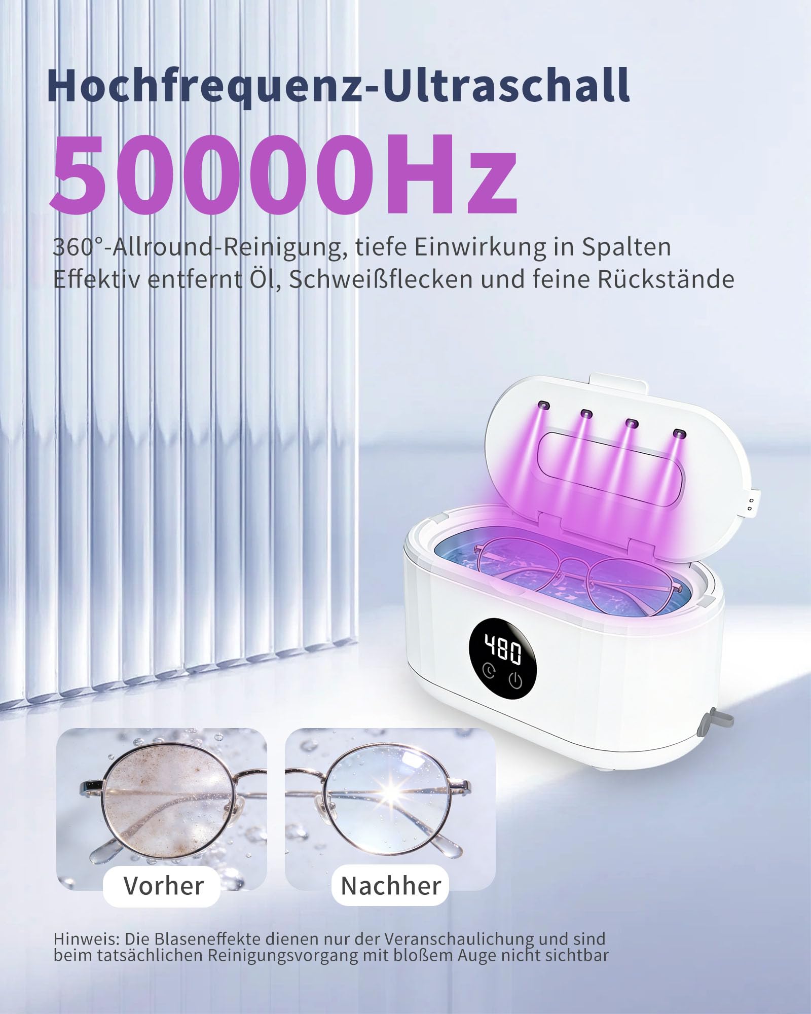 Ultraschallreinigungsgerät, 640ml Brillenreinigungsgerät, 49000Hz Ultraschallreiniger professionelle, 5 Modi Ultrasonic Cleaner mit Display, für Brille, Schmuck, Uhren Ringe