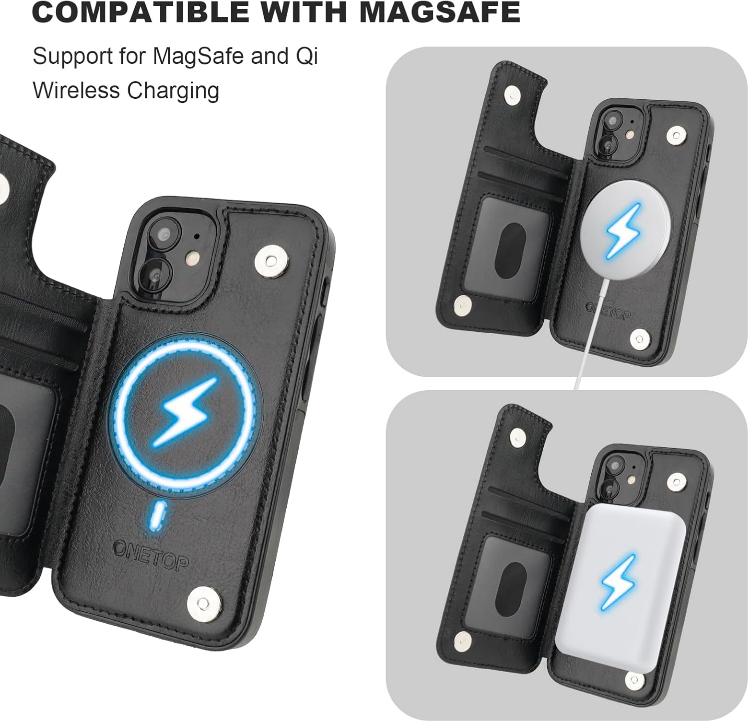 ONETOP Compatible with Magsafe for iPhone 12 Mini Wallet Case with Card Holder, PU Leather Kickstand RFID Blocking Case, Double Magnetic Clasp and Durable Shockproof Cover 5.4 Inch (Black) - Image 5