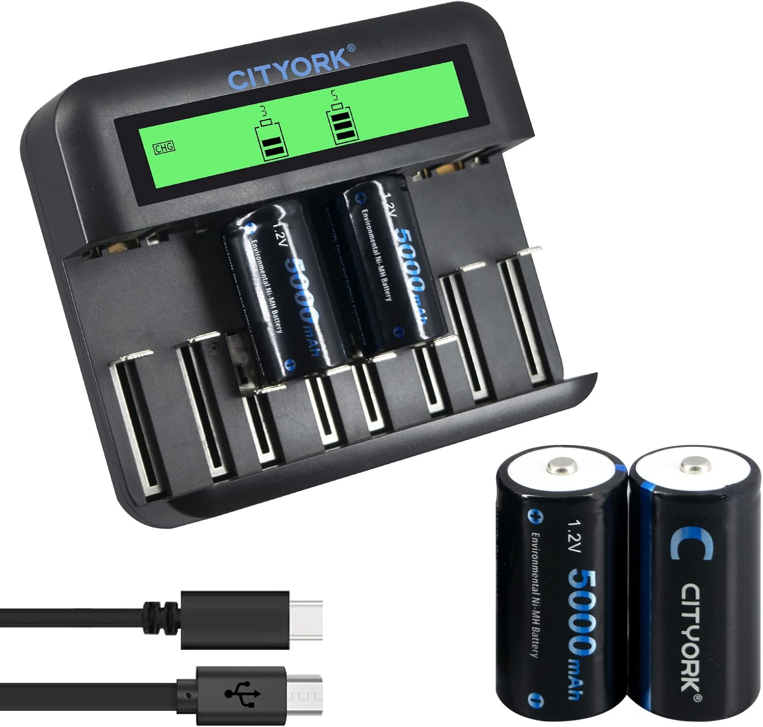 CITYORK C Cell 5000mAh Rechargeable Batteries with 8 Slot AA/AAA/C/D Ni