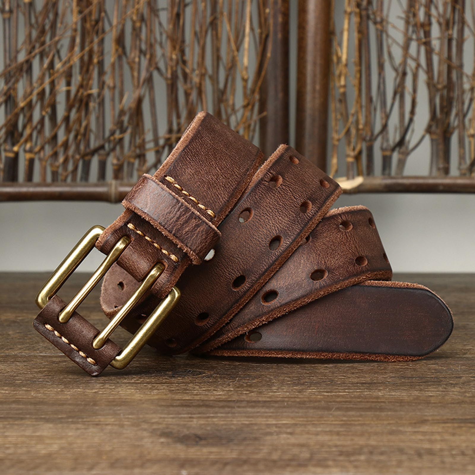 Gürtel Herren Mit Leder-rollschnallen Doppeldorn Schließe 3,8cm Breit Ledergürtel Mit Doppel-Loch Jeansgürtel In Premium Rindleder In Vintage Look(125cm/49, Coffee)