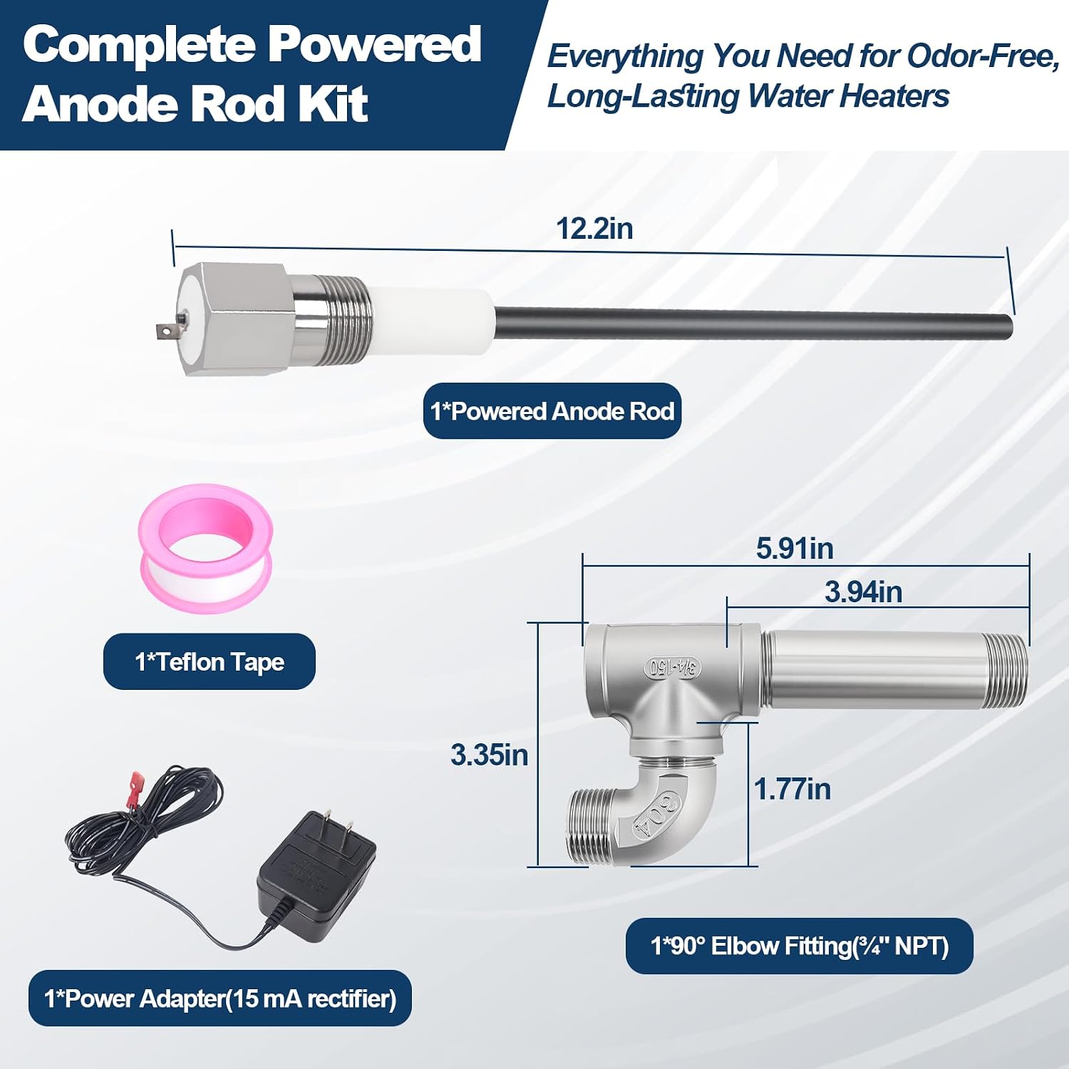 Powered Anode Rod Compatible with Bradford White Water Heater and Hot Water Outlet, Suitable for 10-120 Gallon Water Tanks，24 Hour Odor Elimination, Stops Corrosion Electric Titanium Anode Rod
