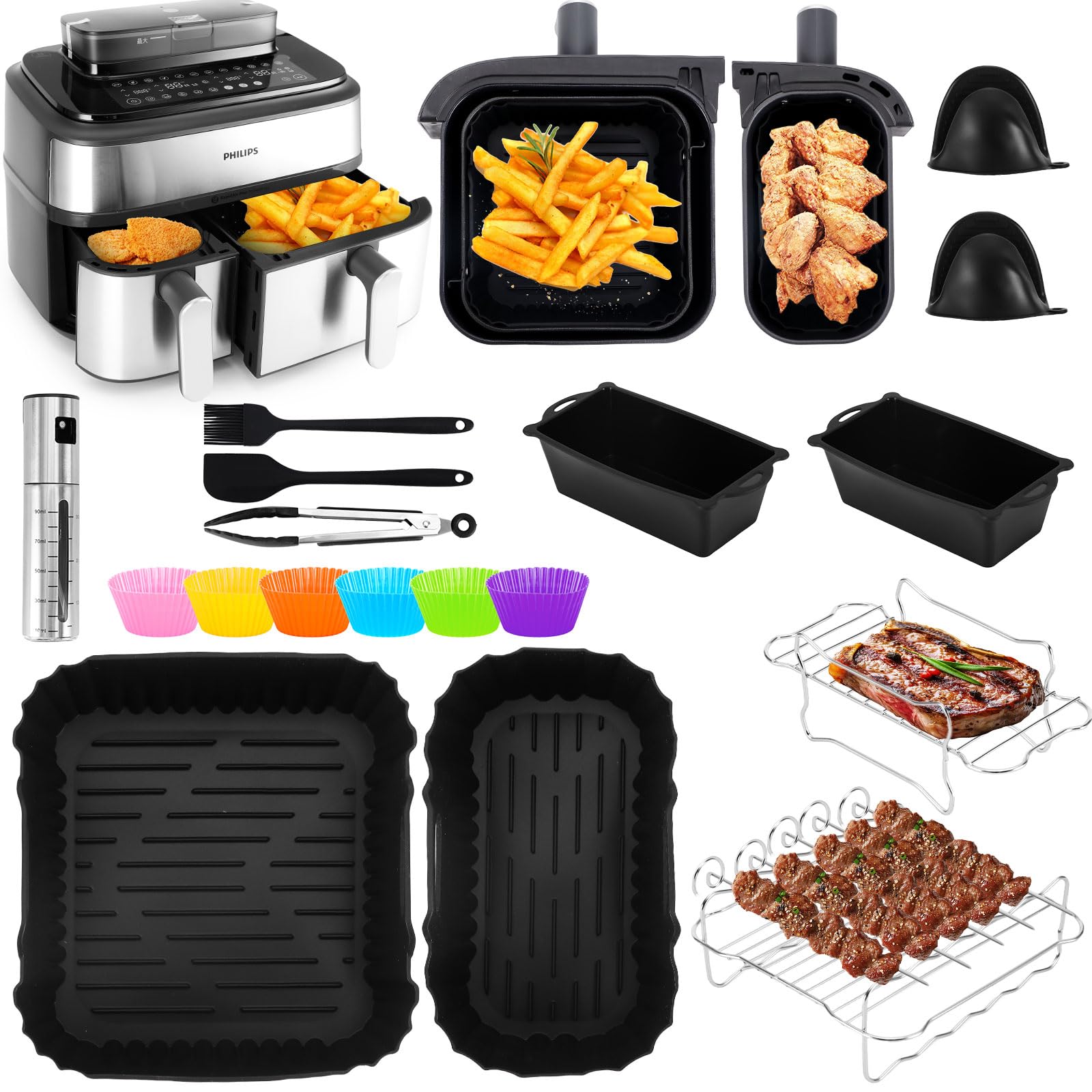 Airfryer Zubehör für Philips Airfryer Dual Basket 3000 Series und Steam Airfryer 5000 Series Dual Basket — 23-teiliges Airfryer-Silikonform-Zubehörset mit Edelstahl-Grillrost und Edelstahl-Spießhalter