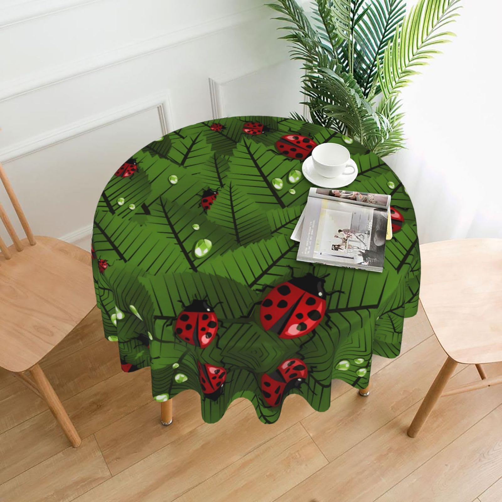 ZHAOUR Leaves And Ladybugs Print Round Washable Tablecloth – Table Cover