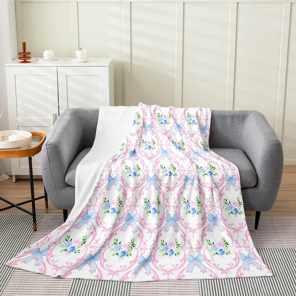 jejeloiu Girls Blue Bow Flannel Fleece Throw Blanket Girly Cute Bowknot Queen 90"x90" Dreamy Princess Style Bow Fleece Throw Blanket Kawaii for Bed Couch Chair Living Room Blue Pink Bedroom Decor