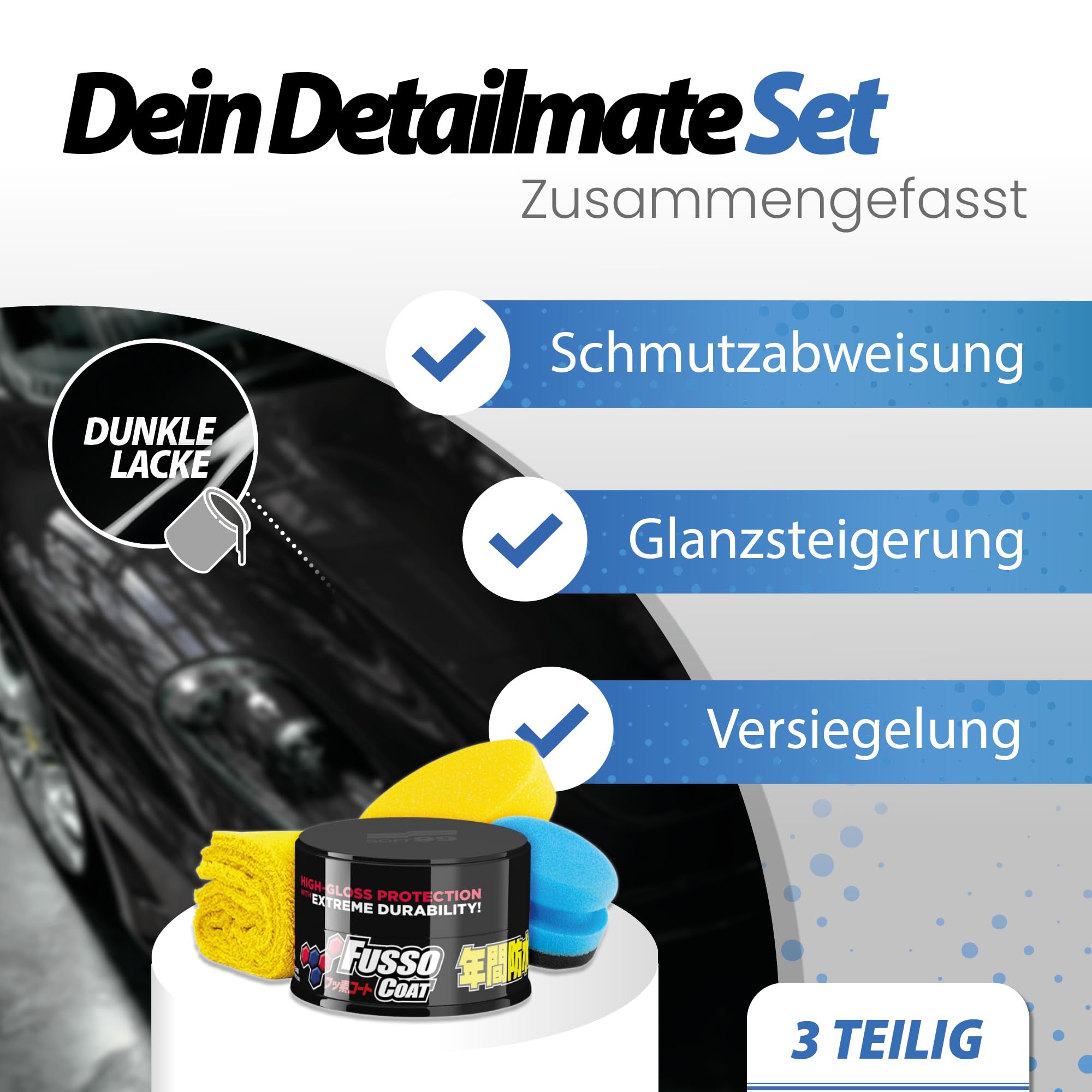 Detailmate Soft99 New Fusso Coat 12 Months Wax Dark Hartwachs Autowachs, Lackversiegelung, 200 gr für dunkle Lacke schwarz + langfloriges Mikrofaser Poliertuch + Polierschwamm