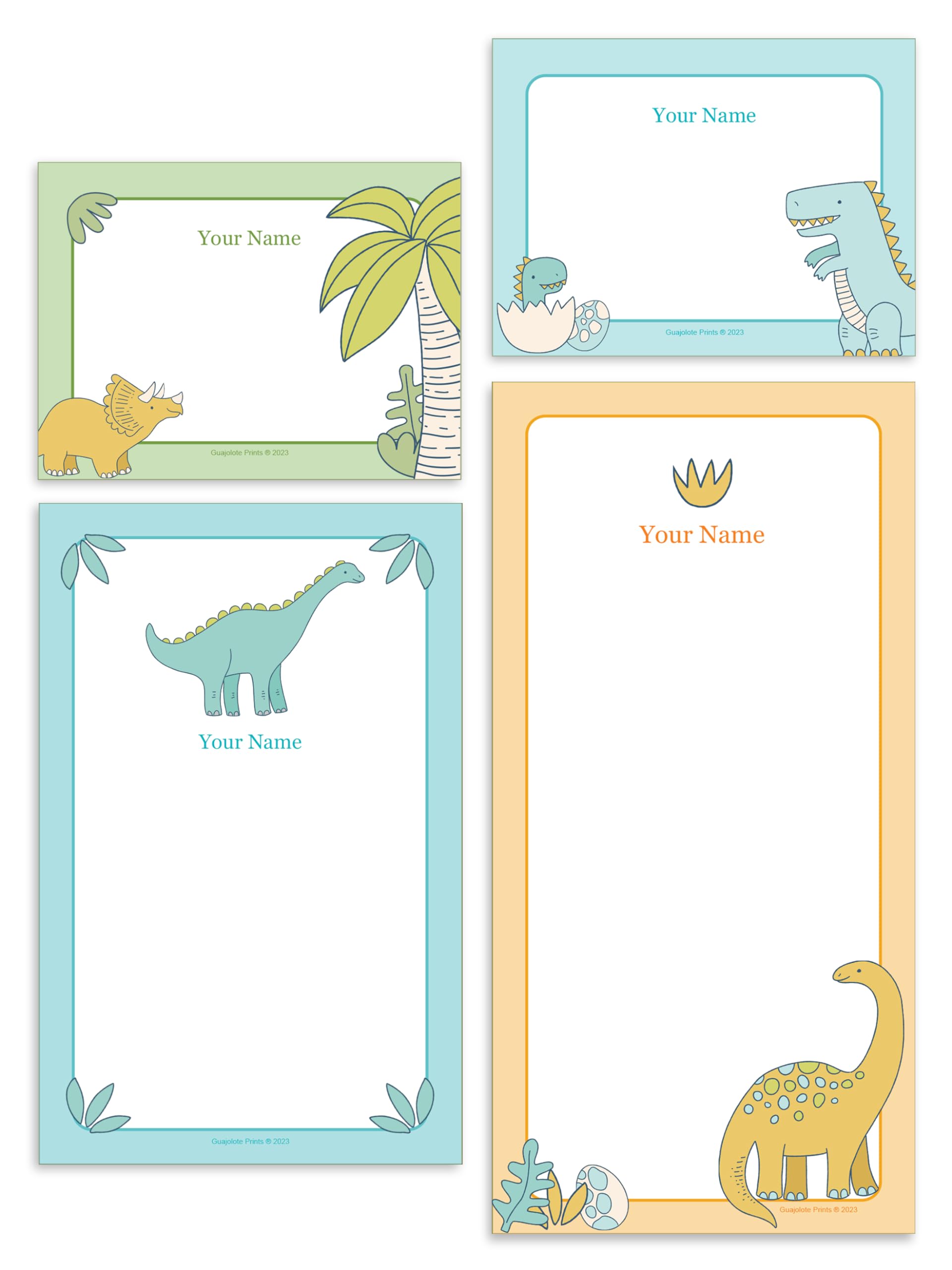 Guajolote Prints Personalized Notepads (4-Pack) Grocery List and Memo Pads Custom Printed with Your Name (Baby Dinosaurs)