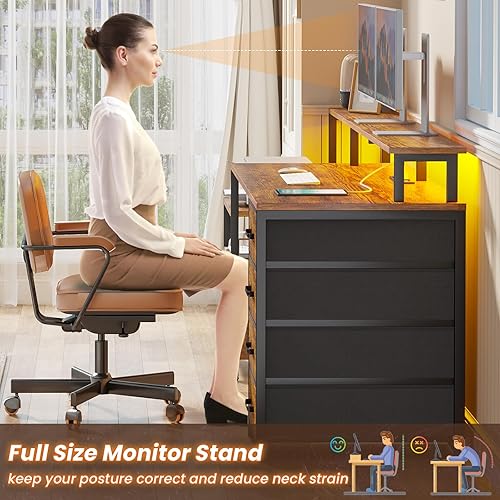 Vista 8 de SEDETA Home Office Desk with File Drawer & Power Outlet, 66'' Computer Desk with 5 Drawer, Storage Shelves, Printer Cabinet and Monitor Shelf