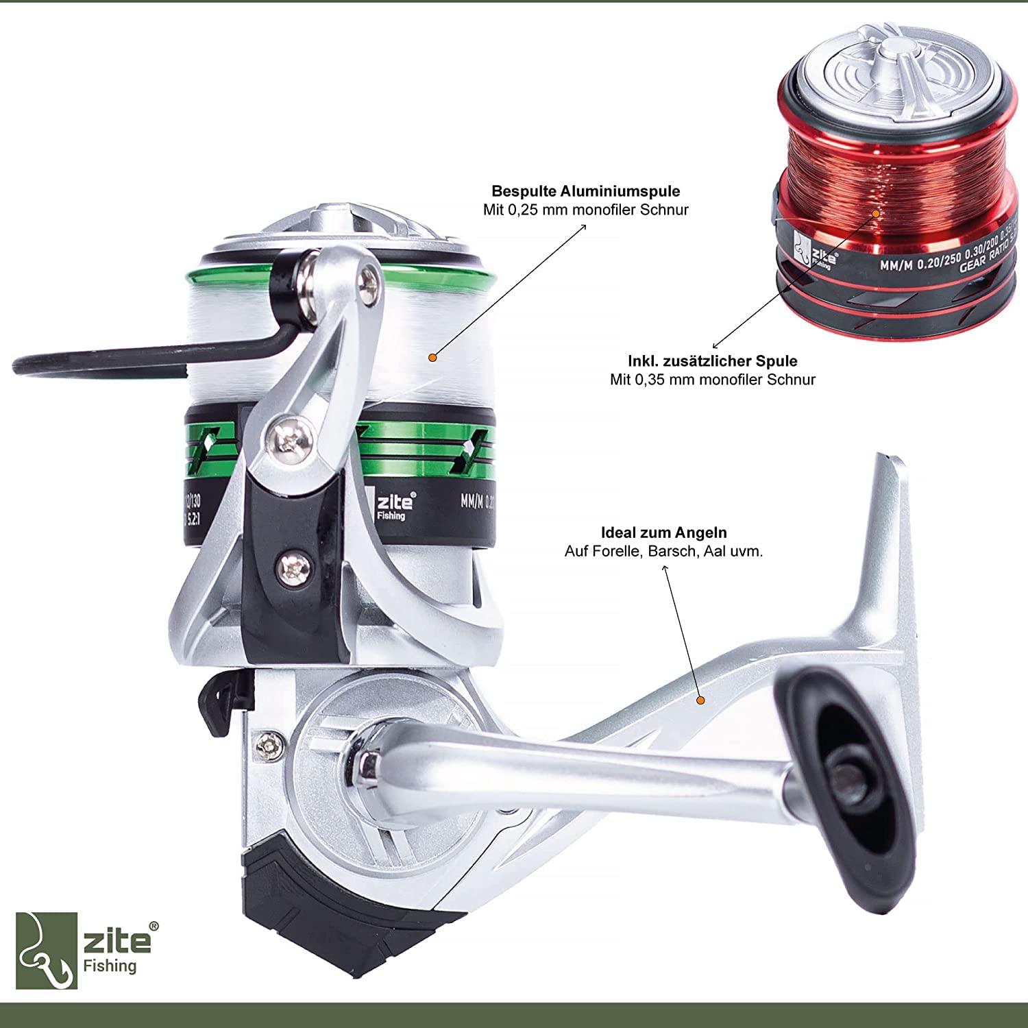 Zite Fishing Angelset Forelle / 2 Teleskop-Ruten 240cm / 2 Forellen-Rollen Bespult / 1 Rutentasche Angeln 100cm / 1 Angel-Kescher Gummiert 160cm