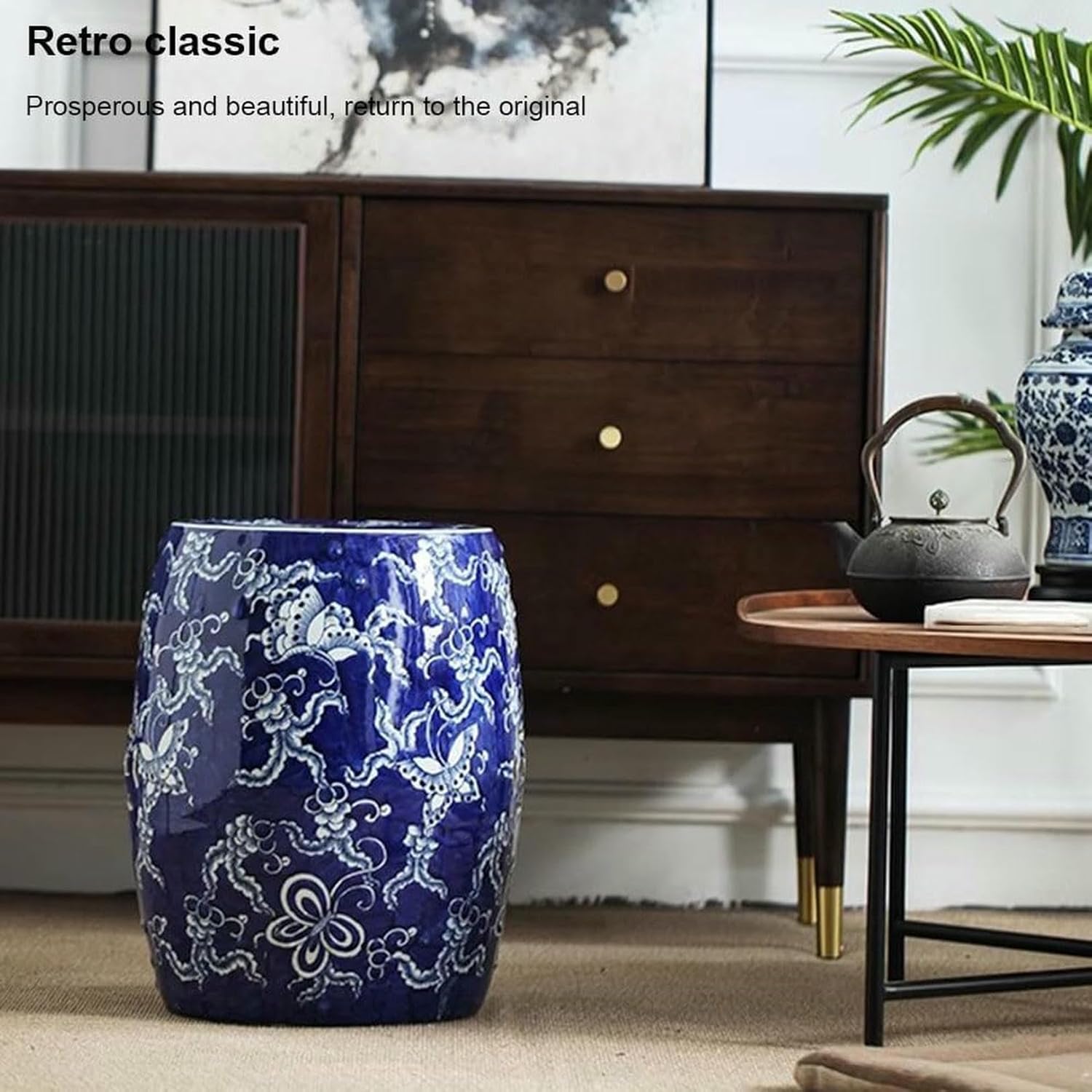 Blue and White Ceramic Decorative Garden Stool, Glazed Ceramic Garden Stool, Classical Garden Stool, Ceramic Drum Stool, Indoor and Outdoor Garden Stool