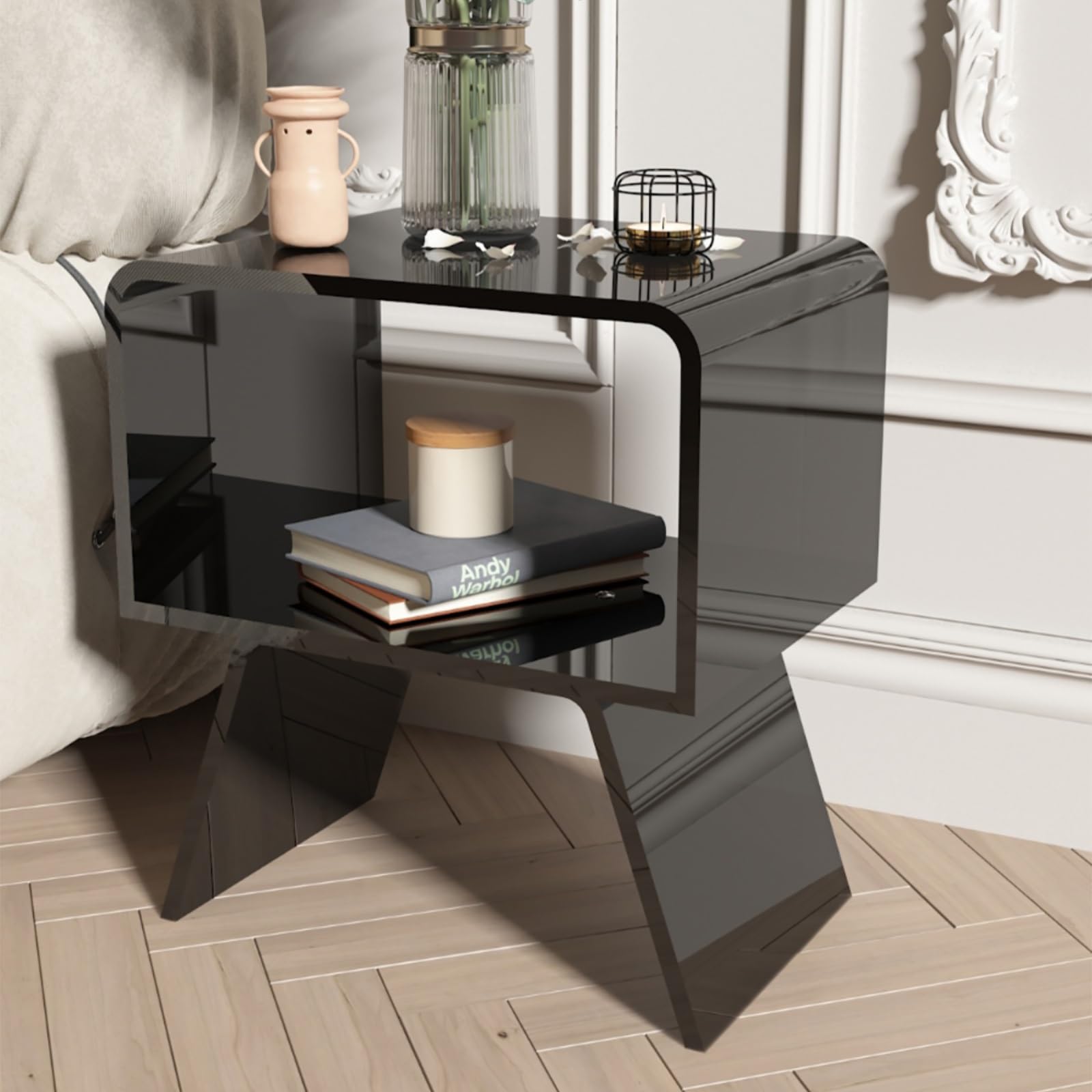 AMZBNEIDI Clear Acrylic Side Table Narrow, Coffee Side Table, Chic Acrylic End Table/Nightstand/Bedside(Svart)