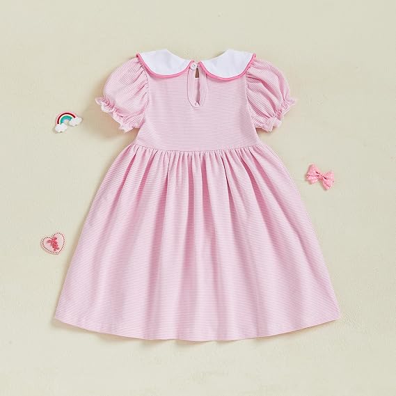 Toddler Girl Back to School Dress Doll Collar Embroidery Short Sleeve Smocked Dresses Kids Summer Plaid Dress