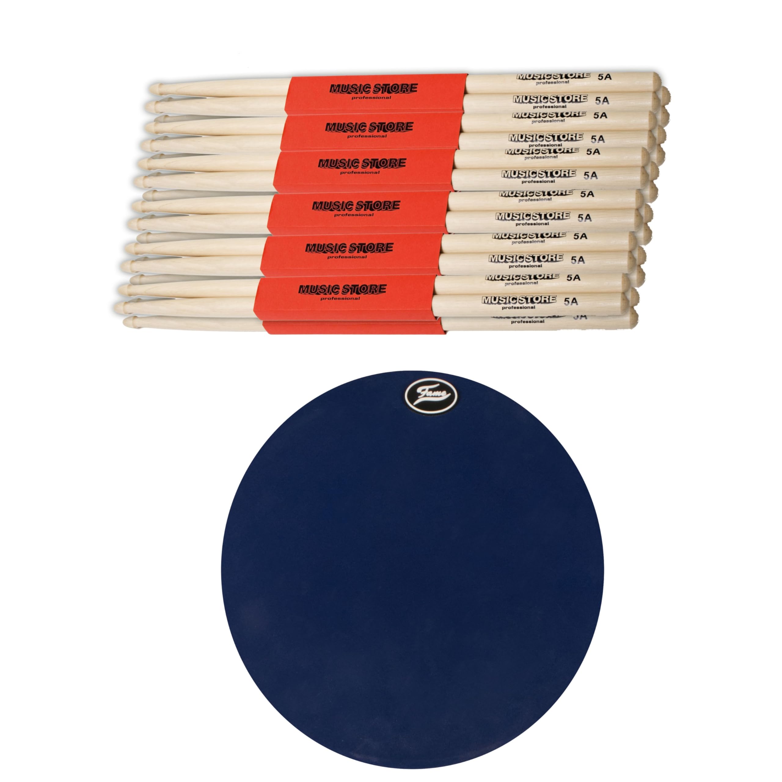 MUSIC STORE 5A Drumstick Set, 12 Stück, Buche Sticks mit Acorn Kopfform, 405mm Länge, 15mm Durchmesser, Holz Schlägelkopf und Stiel, inklusive Übungspad