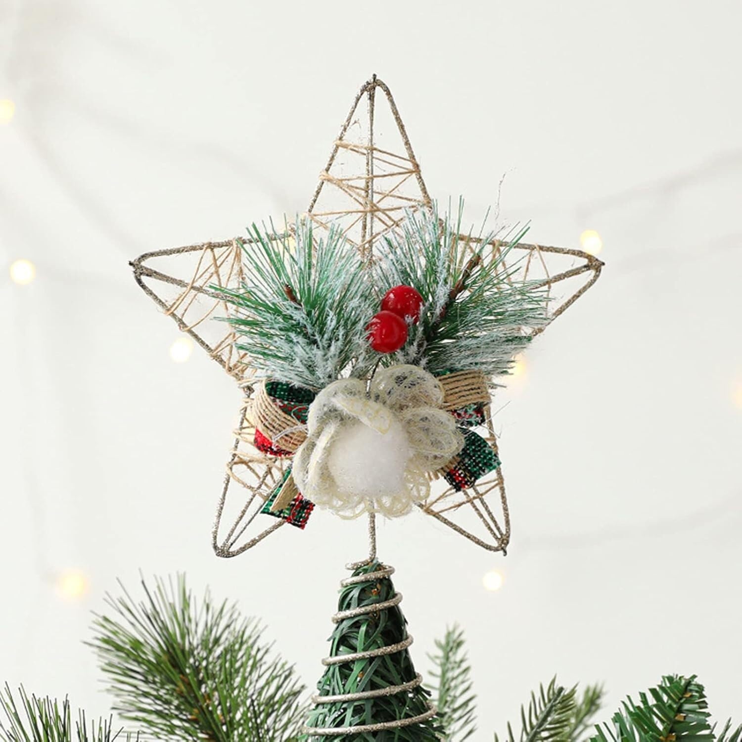 Árbol de Navidad Topper estrella iluminada árbol T Adorno for árbol de Navidad, estrella de Metal con purpurina, adorno for árbol con bayas rojas y ramas de pino, adornos rústicos naturales for copa d