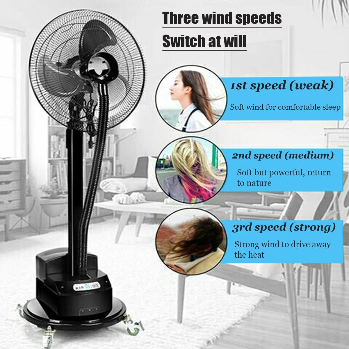 Ventiladores de pedestal, ventilador oscilante de niebla fría con tanque de agua, ventilador de nebulización oscilante para exteriores, ventilador de suelo industrial, ajuste de velocidad del viento