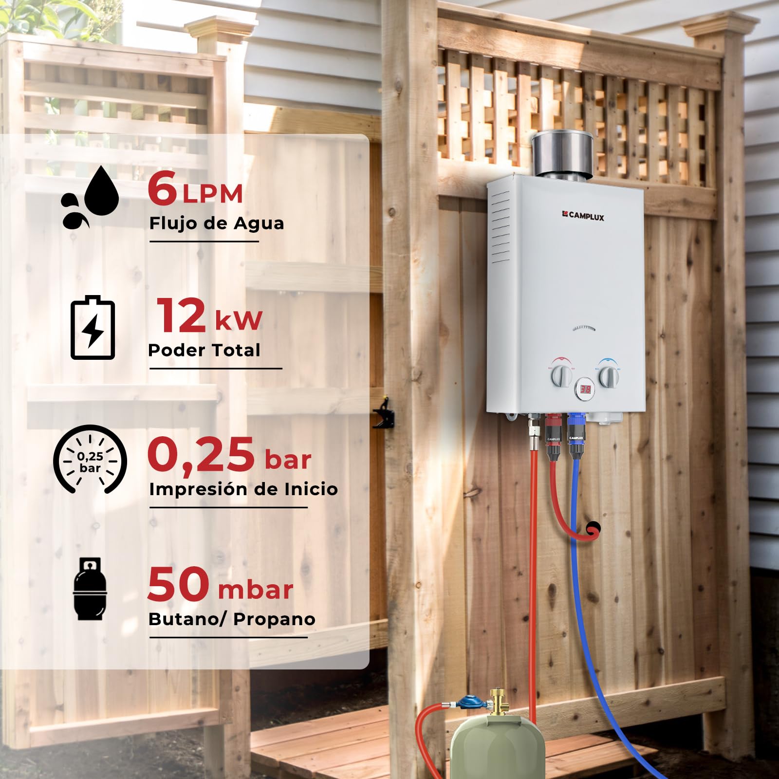 Camplux BW158C Calentador de agua instantáneo de gas con cubierta de lluvia, Tankless LPG Calentador de agua portátil 6 l, 12 kW, 50 mbar, para camping, ducha de caballos