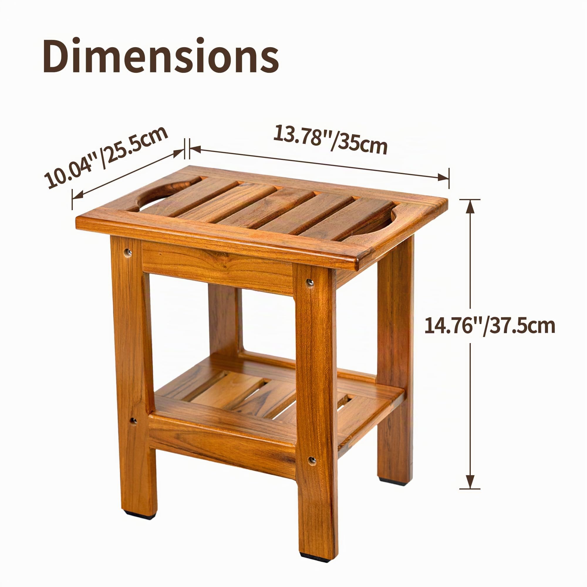 VaeFae Tabouret de Tabouret Salle de Bain en Teck, Petit Tabouret de Bain à 2 Niveaux Avec étagère de Rangement et Patins Antidérapants, Siège Compact et Imperméable Pour Salle de Bain, Baignoire, Spa