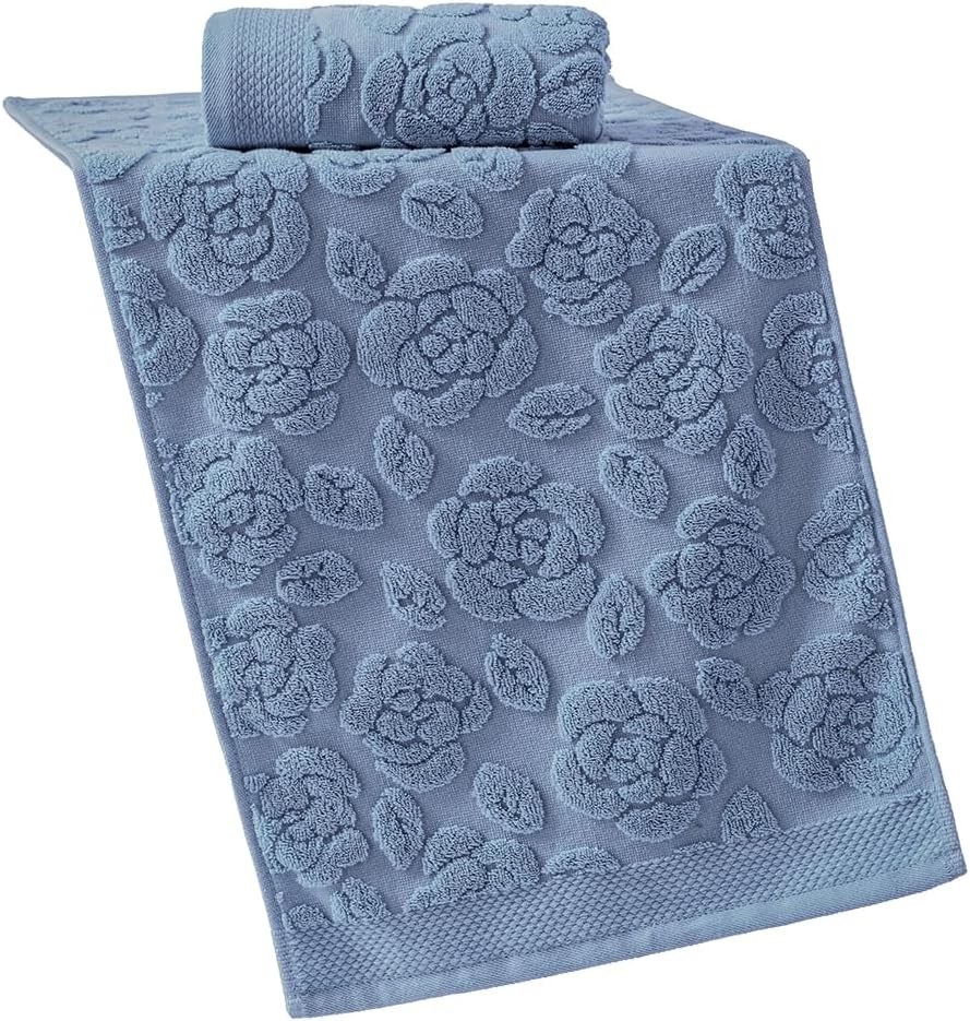 YiLUOMO Blue Embossed Floral Pattern Hand Towel Set of 2 Super Soft 100% Cotton Highly Absorbent Decorative Rose Bath Hand Towels for Bathroom Home 13x 29 Inch - Image 6