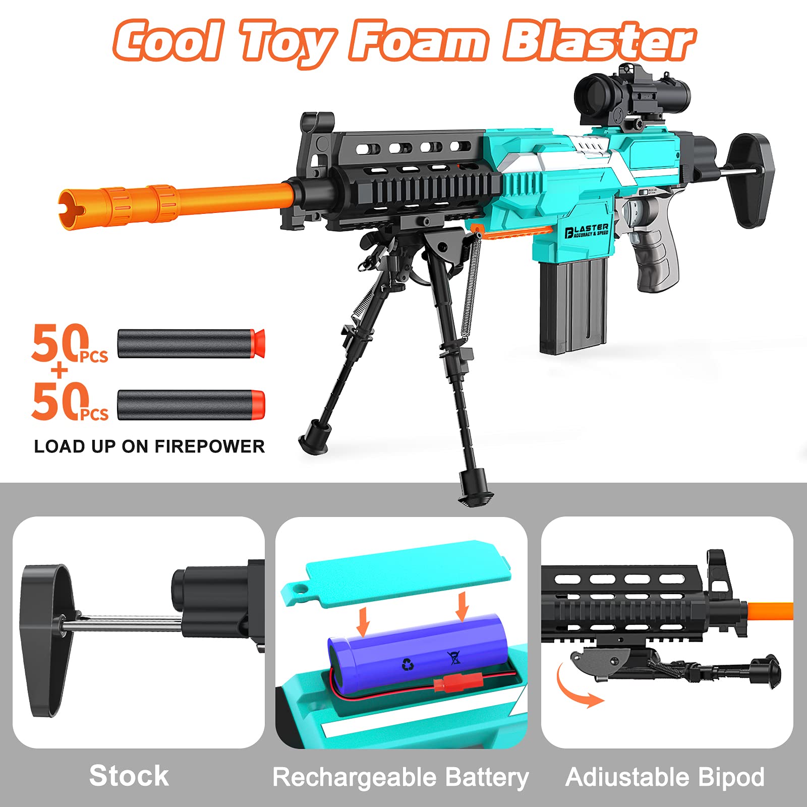 Semour Toy Guns Automatic Sniper Gun with Bullets - Toys for Boys Kids Age 6-12, 3 Modes DIY Toy Foam Blasters & Guns, Green