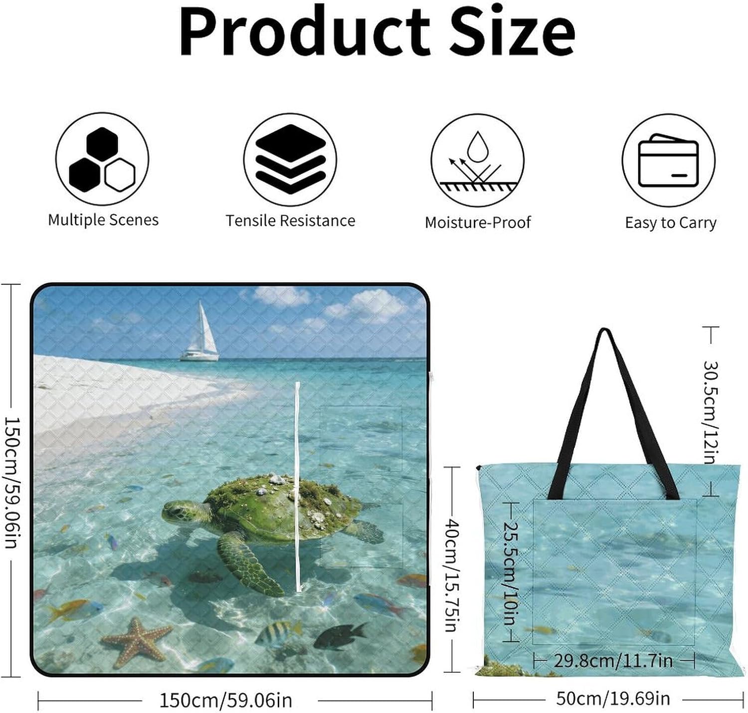The Fun of Turtles on The Shallow Beach Picnic Blanket with Zipper Water Resistant Sand Free Picnic Mat Washable Foldable Easy Carry Beach Blanket for Lawn Beach Hiking Camping