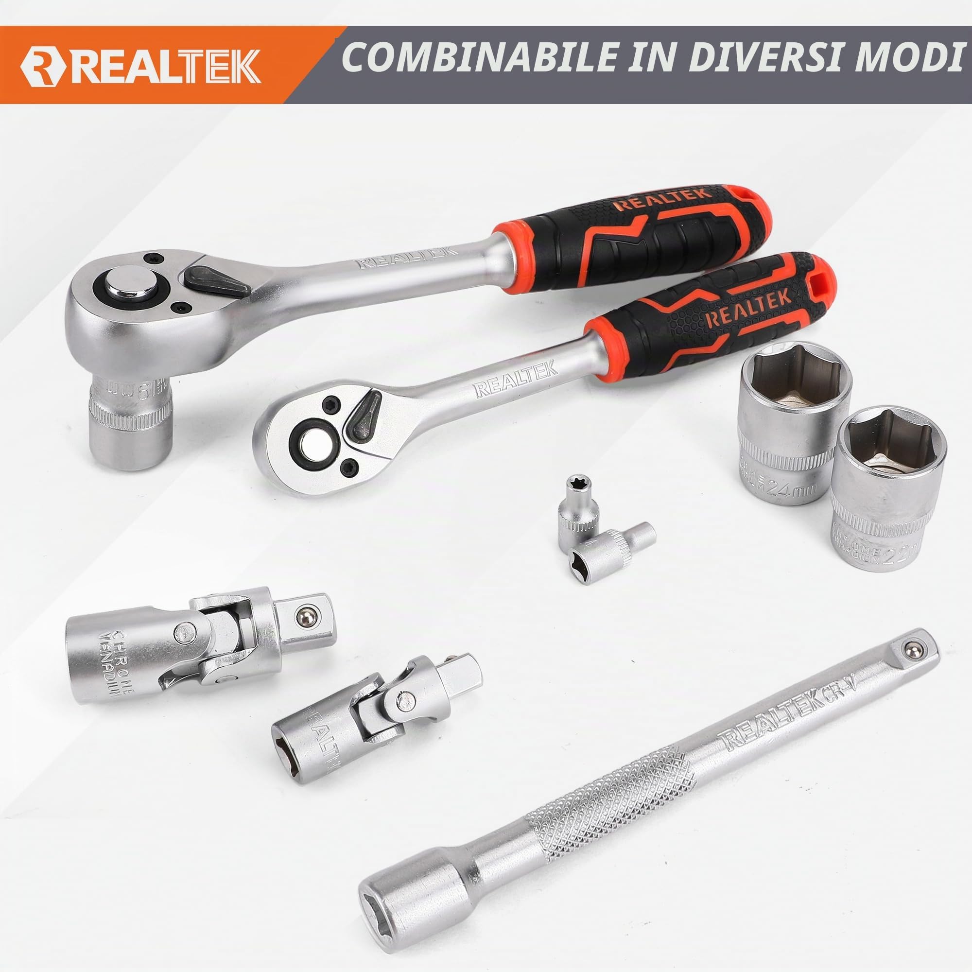 REALTEK Set Chiavi a Bussola, Chiavi a Cricchetto 1/4''+3/8"+1/2'' 172 Pezzi, 72 denti, Cr-V, Adatto per Lavori su Biciclette e Automobili le riparazioni