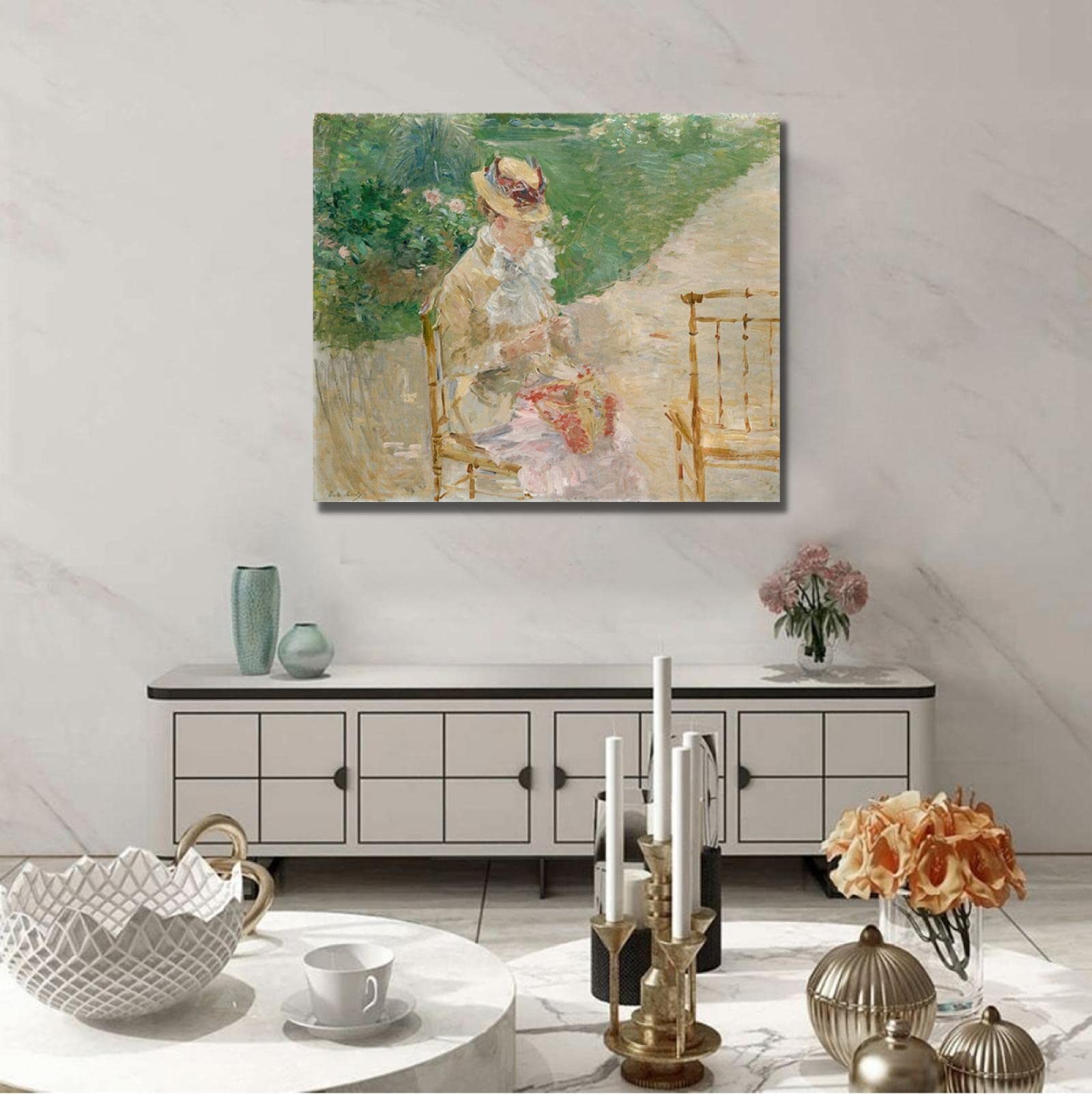 OUSHION ART Mujer joven tejiendo hierba flores color claro Berthe Morisot pinturas famosas impresas en lienzo carteles para cocina hogar decor de pared 60x72cm marco interior