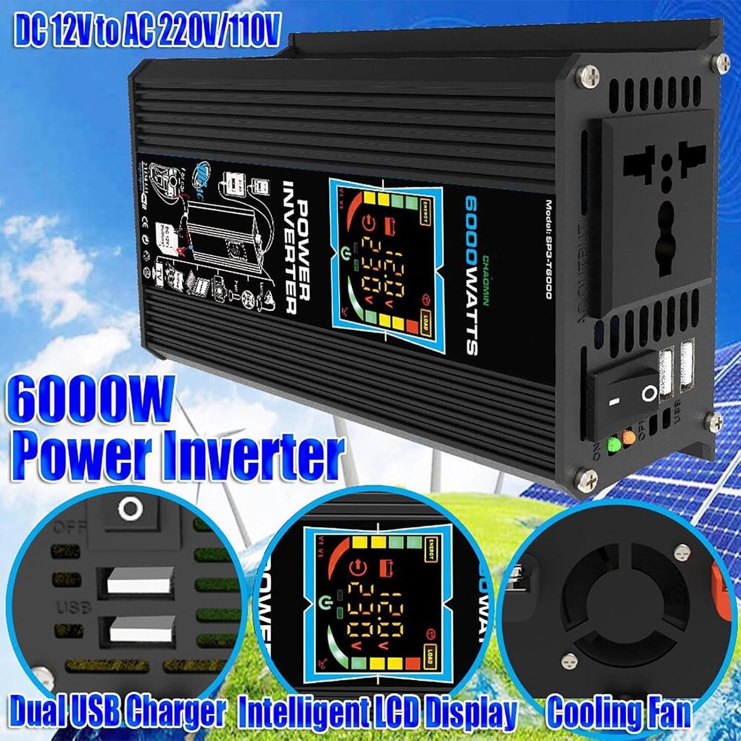 Kit di Alimentazione Solare off-Grid da 6000 W con Pannello Solare Impermeabile da 100 W e regolatore di Carica da 50 A per Camper, Barche e situazioni di Emergenza (Nero)