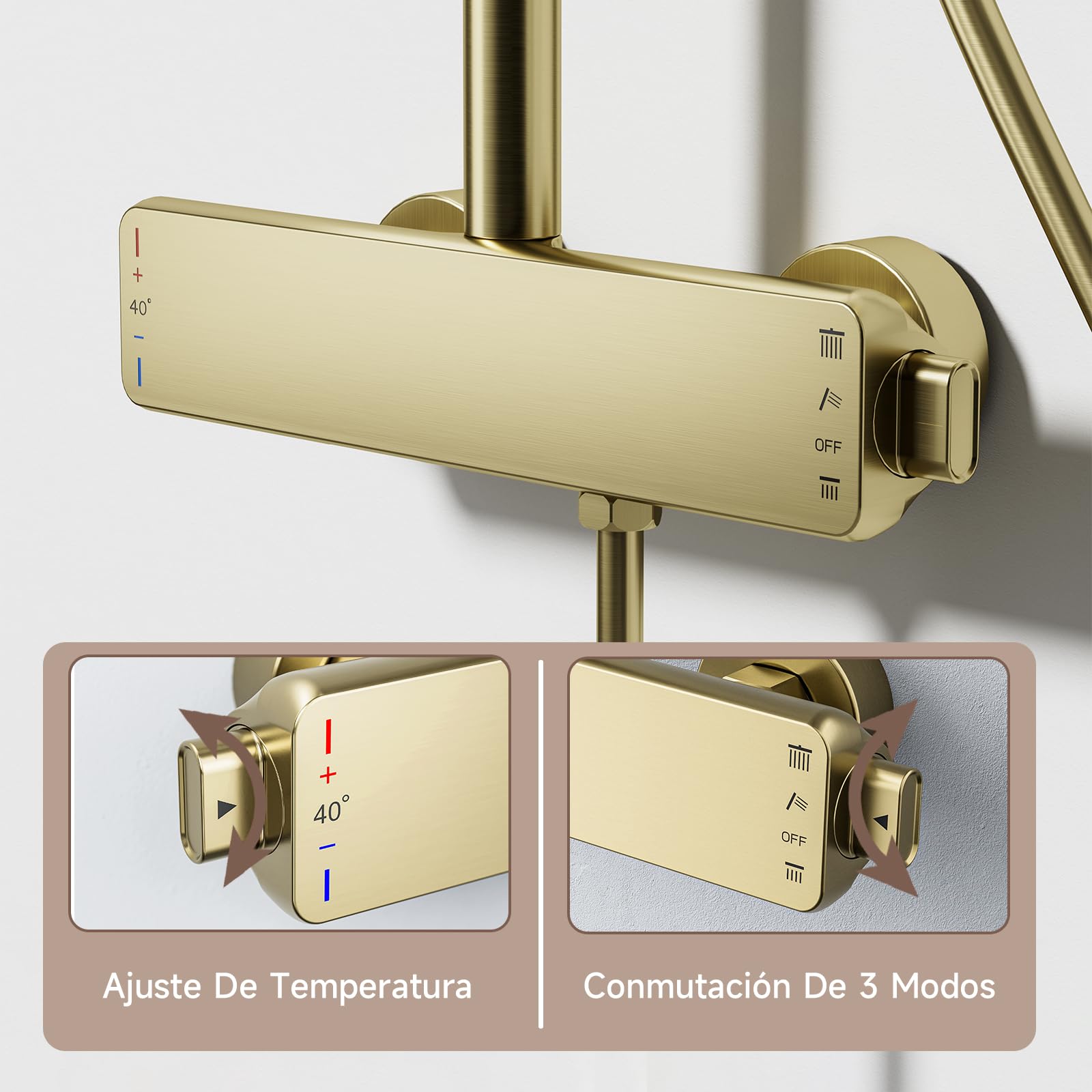 Columna ducha,Sistema de ducha retro de oro cepillado,Columna de ducha termostática,3 funciones Juego de ducha de pared,Con 260mm rociador redondo,Grifo de bañera,Ducha de mano de 3 modos