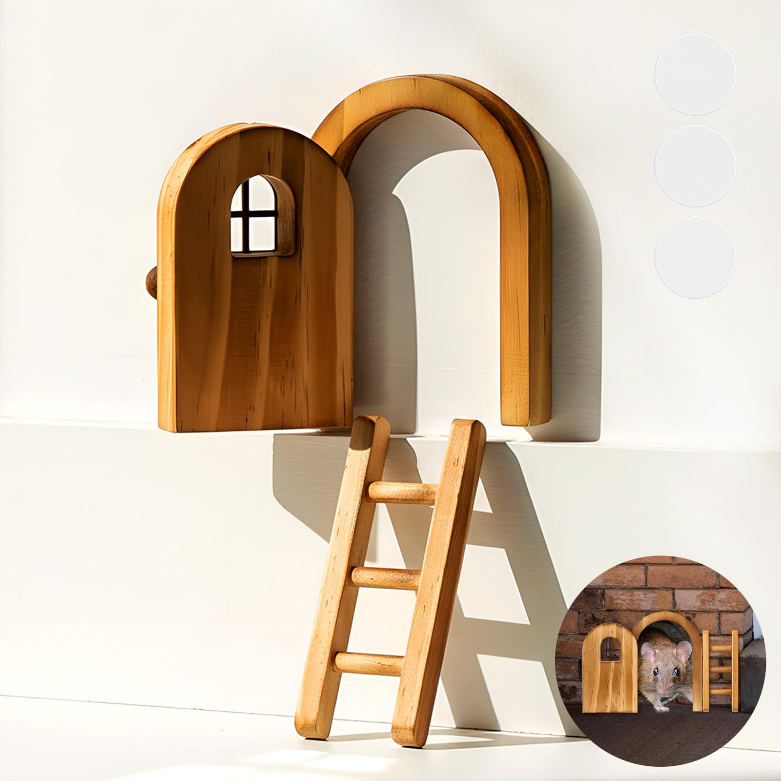 Kathfly 2 Pcs Mini Wooden Mouse Door Kit Miniature Mouse House with Ladder Fairy Door for Wall Tree Room Window Lock DIY Craft Fairy Garden Outdoor Indoor Decor(Cute Style,Brown)