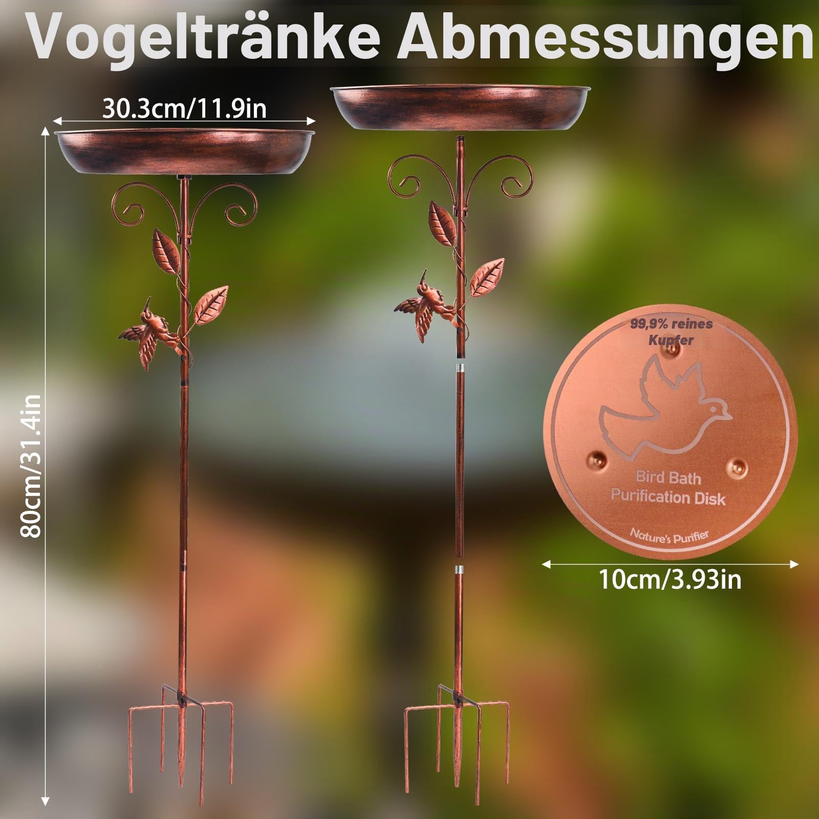 Vogeltränke Stehend mit Reinigungsscheibe, 80CM Metall Vintage Vogelbad, Außen Vogelbad für Garten, Abnehmbares Vogeldusche, Vogeltränke Winterfest Futter Wasserschale