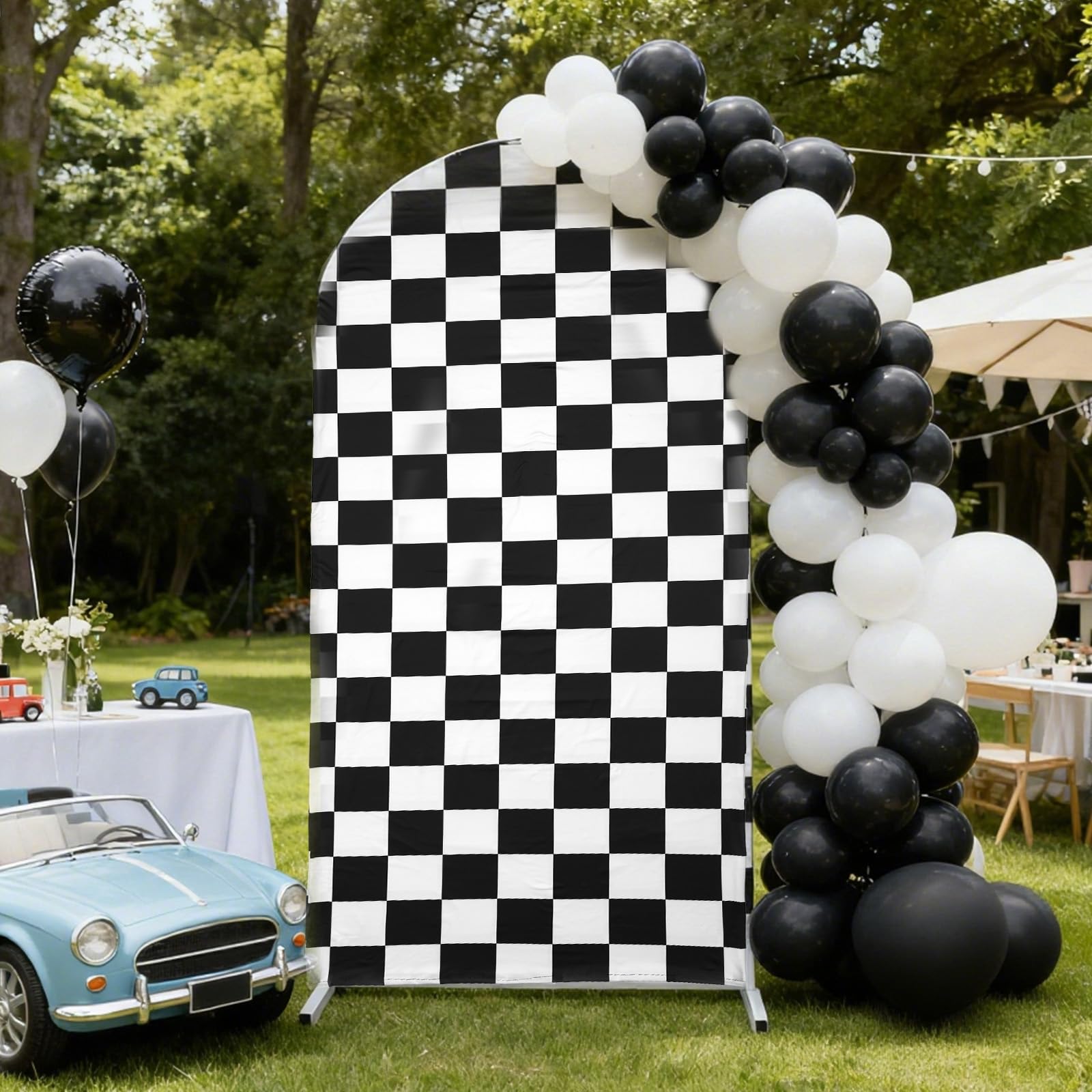 Copertura per Sfondo Ad Arco Camion, 182 cm Copertura Arco Feste Di Corse Decorazioni Compleanno a Scacchi Bianchi e Neri per Bambini