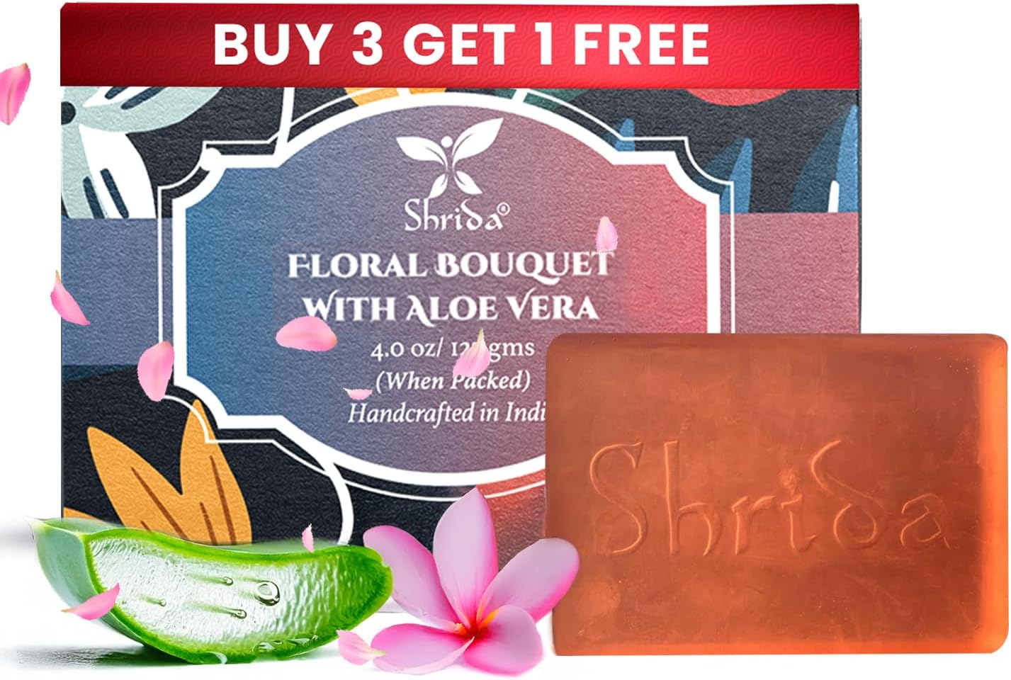 Shrida Naturals Floral Bouquet Soap with Aloe Vera | Handmade Organic Herbal Soap with Natural Ingredients | Moisturizing, Sulfate-Free, Paraben-Free, Vegan & Cruelty-Free | Pack of 4 (125g Each)