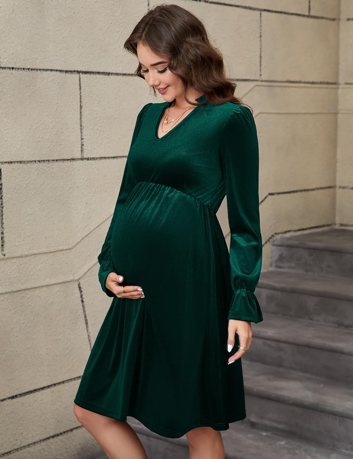 KOJOOIN Maternity V Neck Velvet Dress Women's Ruffle Long Sleeve Cocktail Midi Dresses Photoshoot Baby Shower Fall Dress