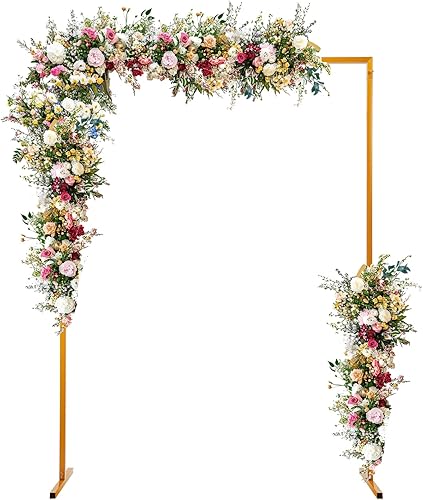 Soporte de telón de fondo de 6.6 x 4.9 pies resistente con base, kit de tubo de fondo de boda dorado, soporte cuadrado de arco de globos de metal,