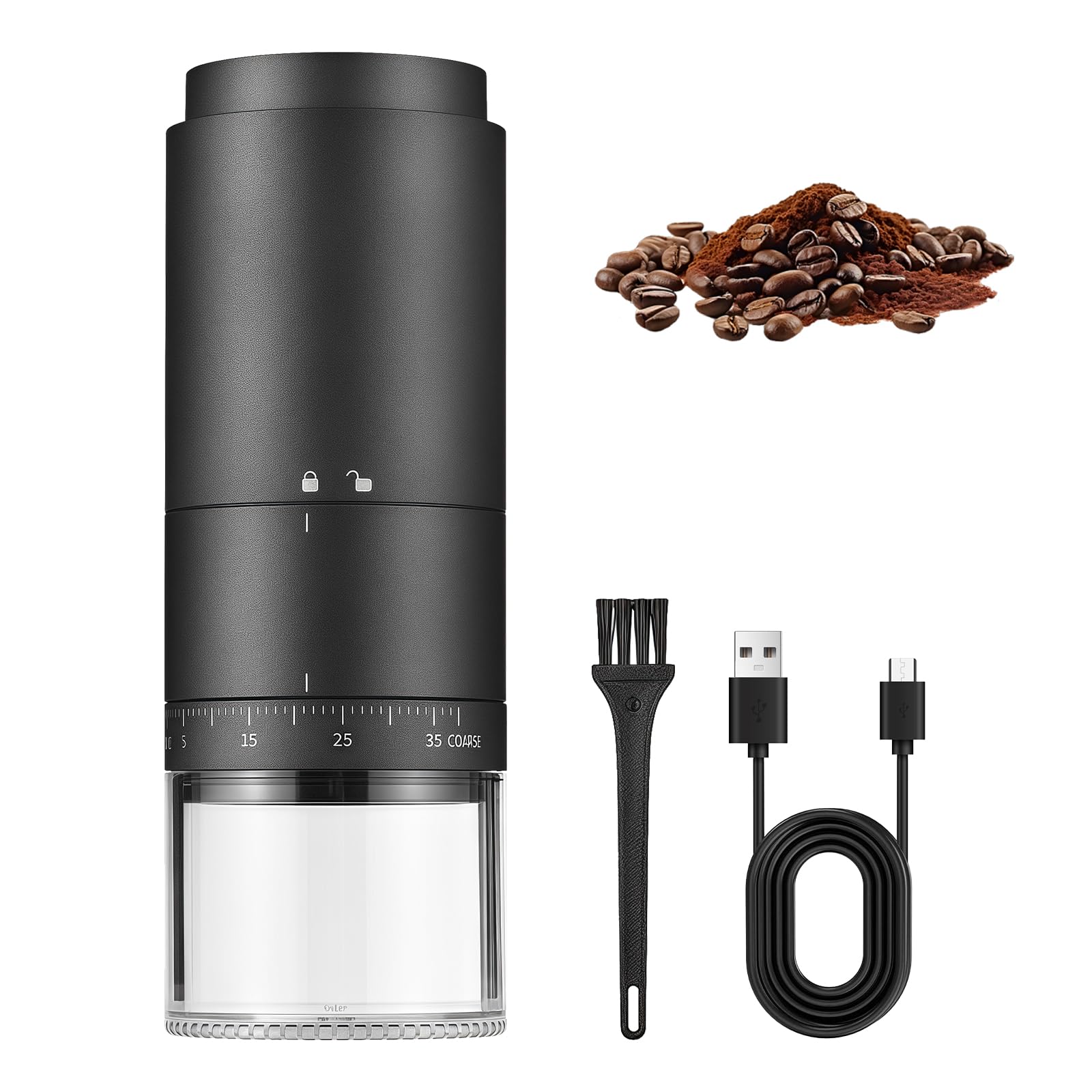 PORFOYO Molinillo de café eléctrico portátil con 38 ajustes de molienda, indicador de potencia digital, molinillo de café expreso recargable, molinillo de café expreso eléctrico