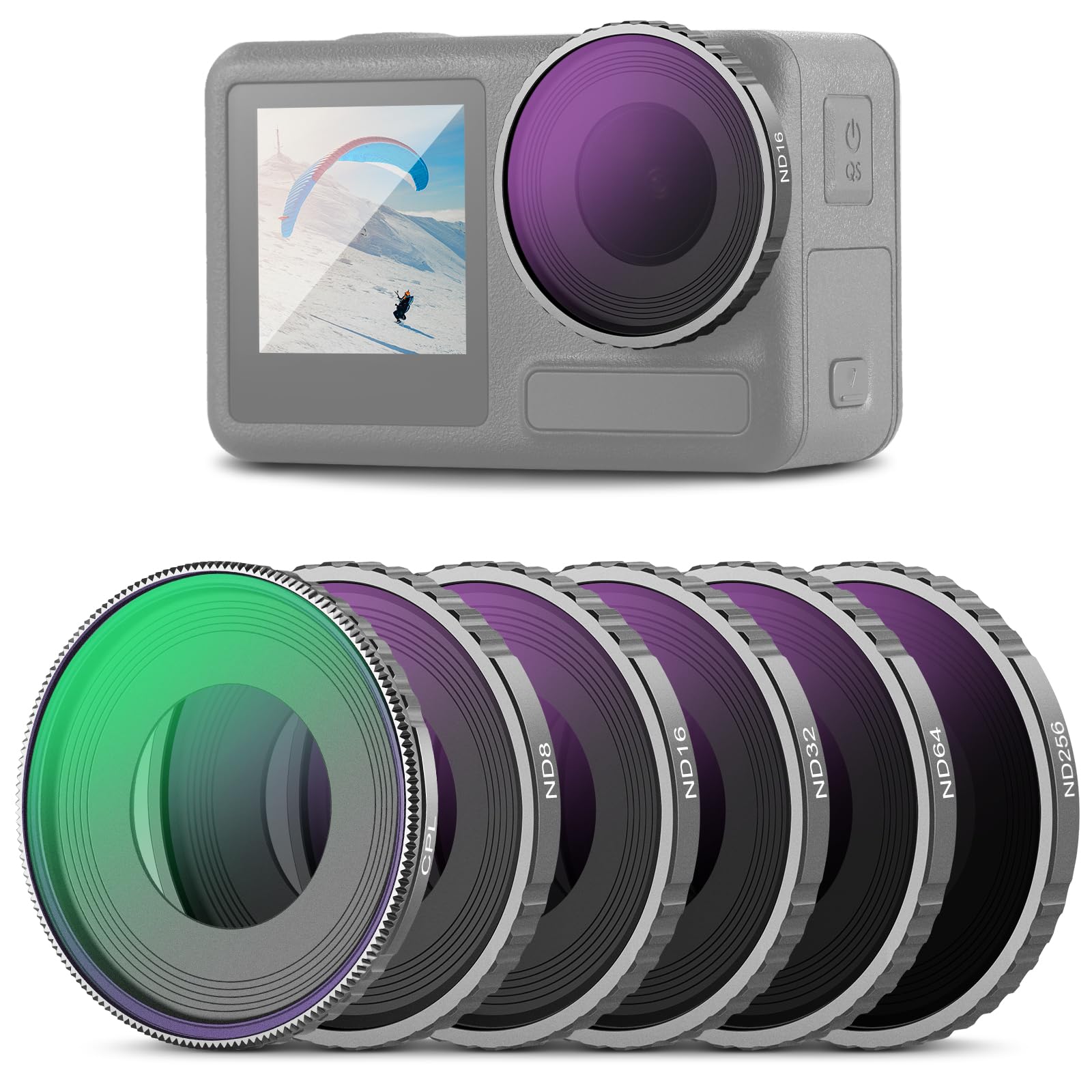 NEEWER 6 Pack ND Filter Set Compatible with DJI Osmo Action 5 Pro/Action 4, Multicoated HD Optical Glass CPL + ND8 + ND16 + ND32 + ND64 + ND256 Action Camera Lens Neutral Density Accessories, FL-N70