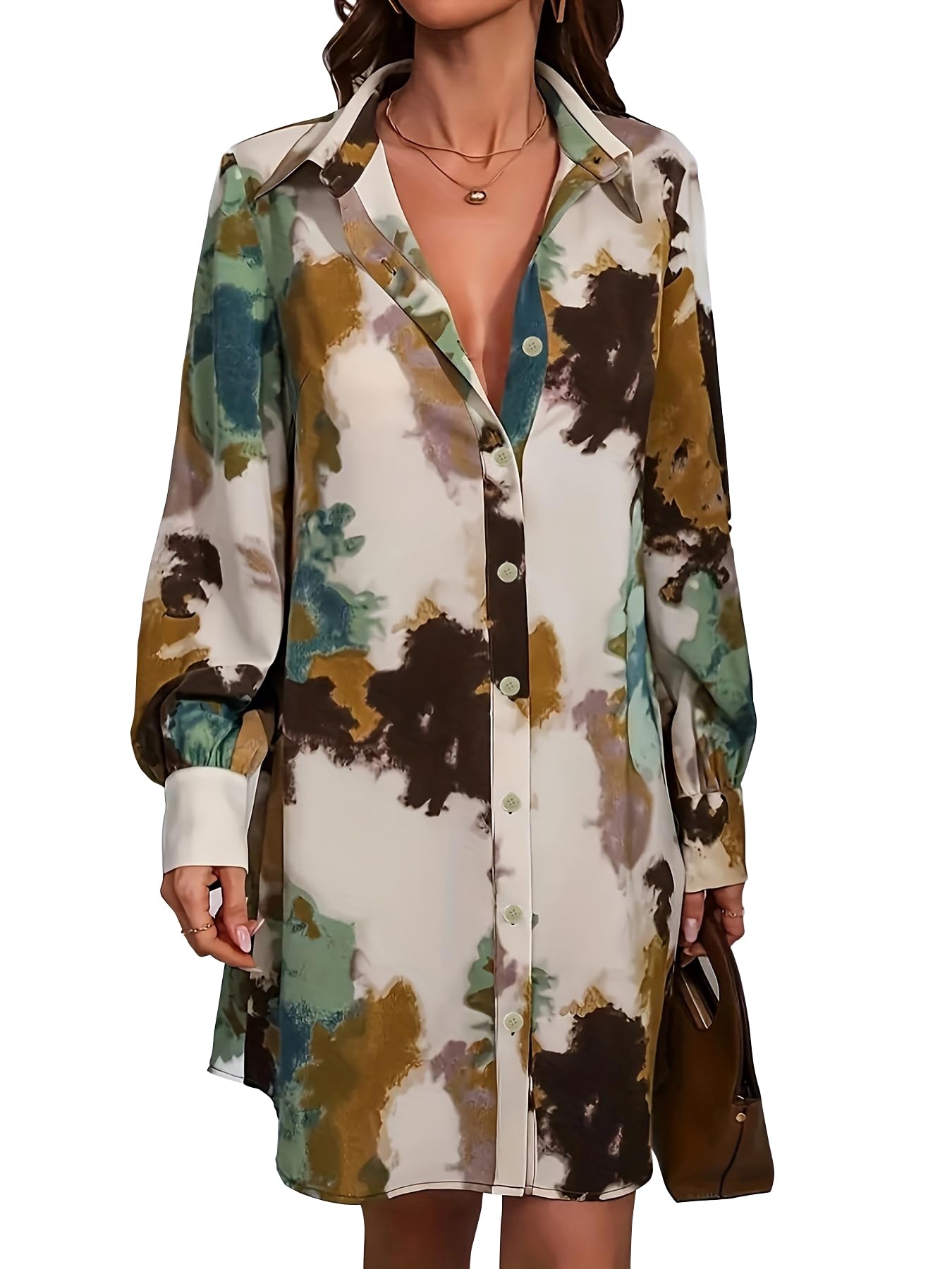 Shasmi Women's & Girl's Green And Brown Tie Dye Print Button Front Shirt Dress, Elegant Long Sleeve Dress For Spring & Fall, Womens Clothing Versatile For All Seasons (Shirt 201 Green Brown-L)