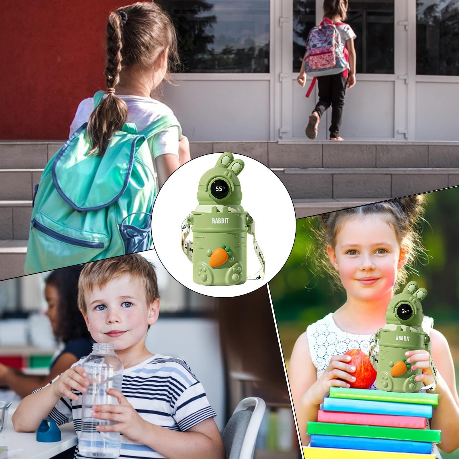 Borraccia con cannuccia, 500 ml, in acciaio , isolata, leggera | con display digitale della temperatura, a prova di perdite, per sport, con cinturino, per viaggi e scuola
