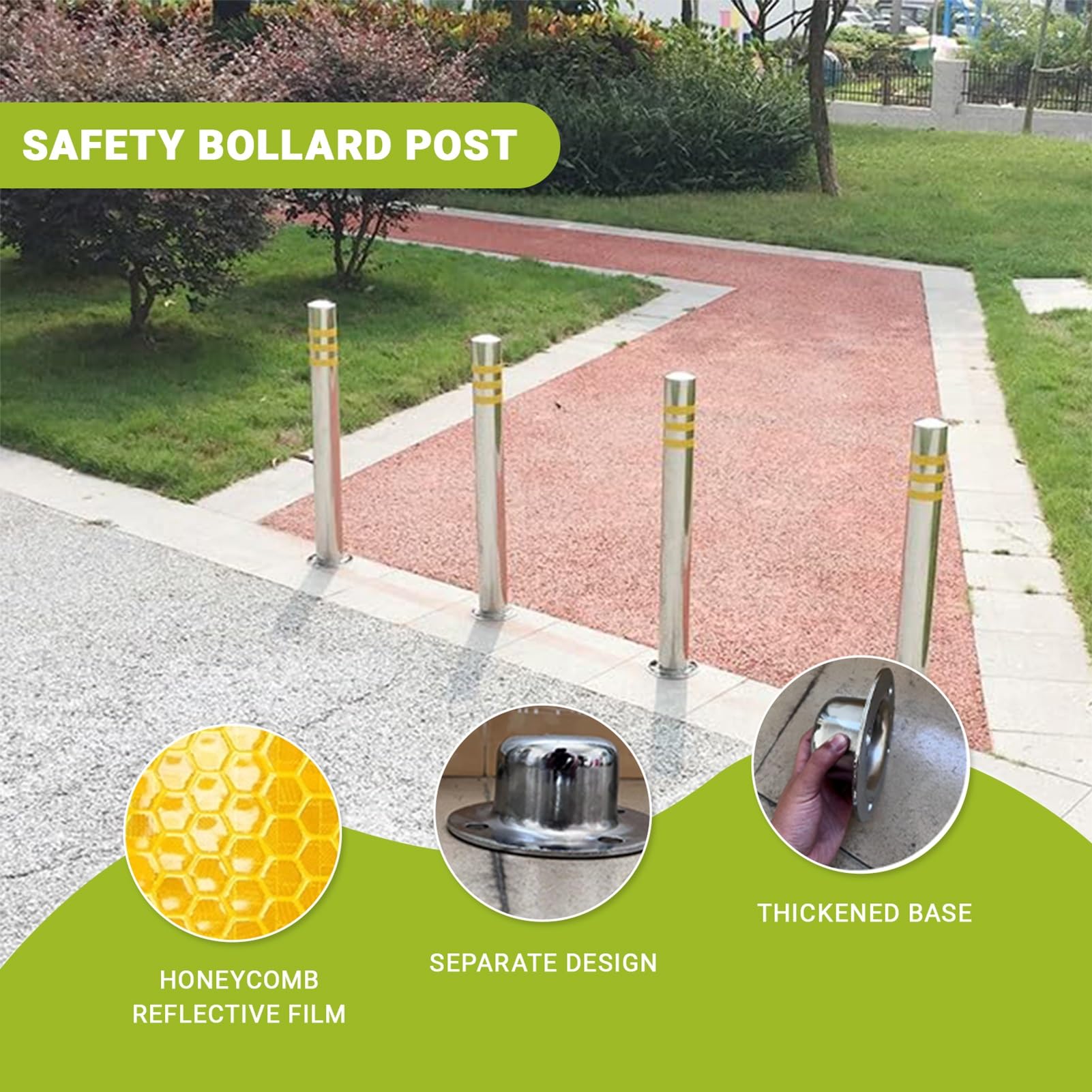 Generico Pali di delimitazione per parcheggio Resistenti e Rimovibili con Serratura - Acciaio Inossidabile con Nastro Riflettente, 4 Pezzi (Giallo, 60 cm/23,6 Pollici) per vialetti, Cantieri e Uso co