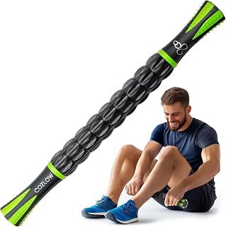 Cozlow Muscle Roller Stick with 9 Rollers & Non-Slip Handles - Deep Tissue Massager for Fast Muscle Recovery & Pain Relief