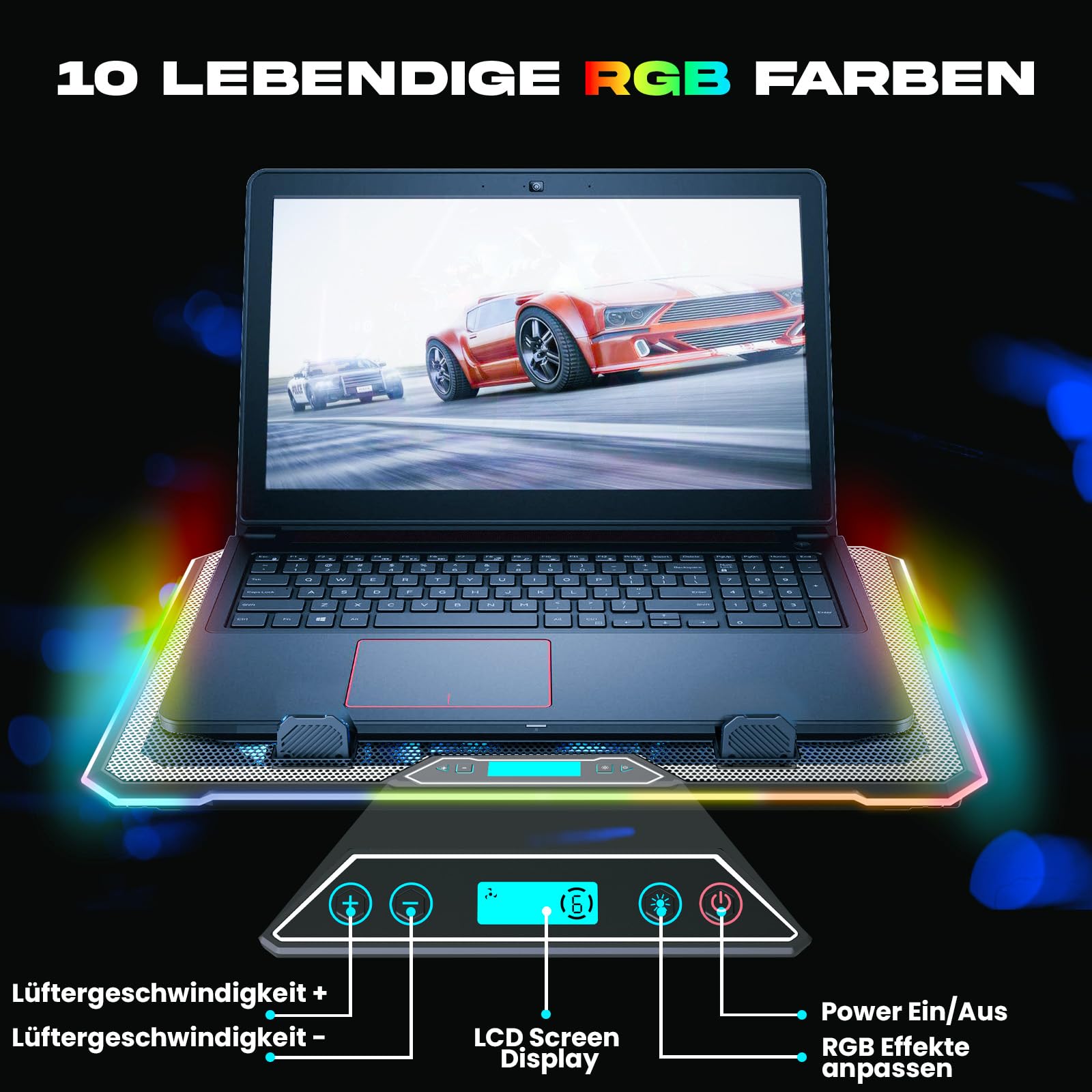 KLIM V15 Gaming Laptop Cooling Pad mit 15 Lüftern + Gaming Laptop Kühler + Stabiler RGB Ständer mit Lüfter + Kompatibel bis zu 17" + 2 USB Ports + Handyhalterung + 5 Jahre Schutz