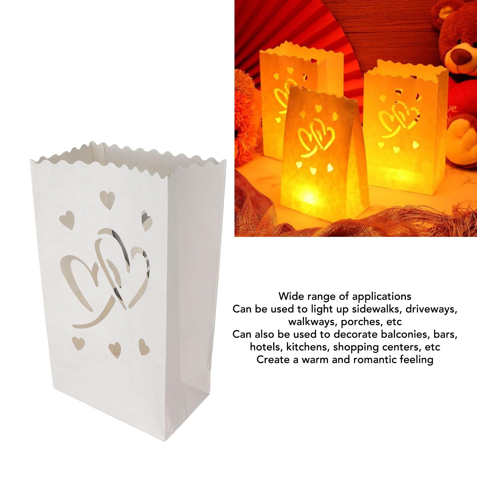 HERCHR Candle Bags,20 PCS Paper Candle Tea Light Lantern Bags White Luminary Bags with Hearts,White Paper Luminary Bags,Flame Resistant Candle Bags for Wedding,Valentine's Day,Thanksgiving,Christmas - Image 2