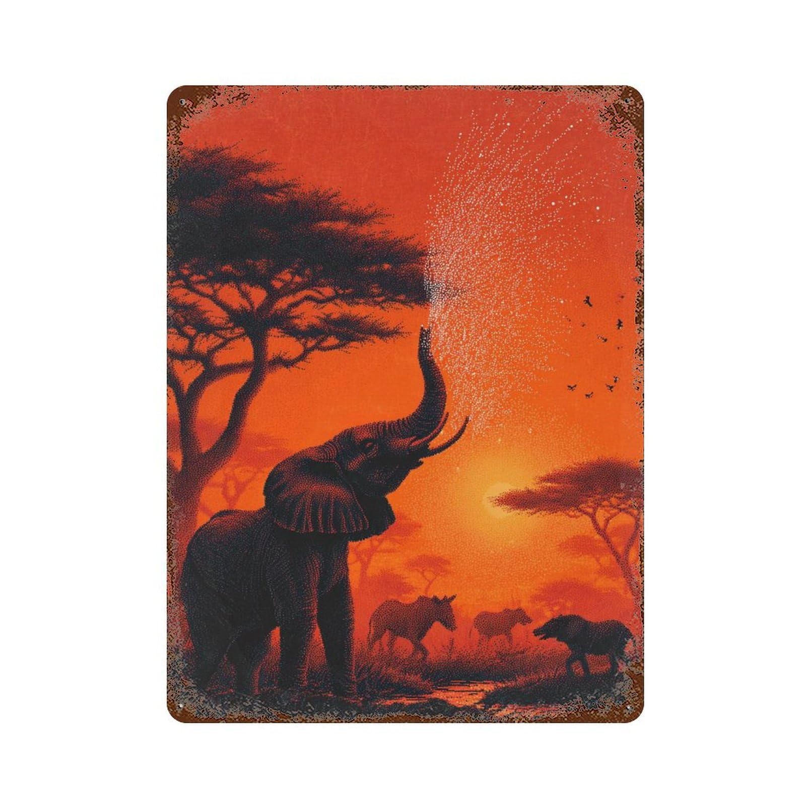 Rust Effect African Sunset Wildlife Scene Decorative Tin Sign 15.7"x11.8", Classic Wall Plaque for Pub, Kitchen And Man Cave Decor