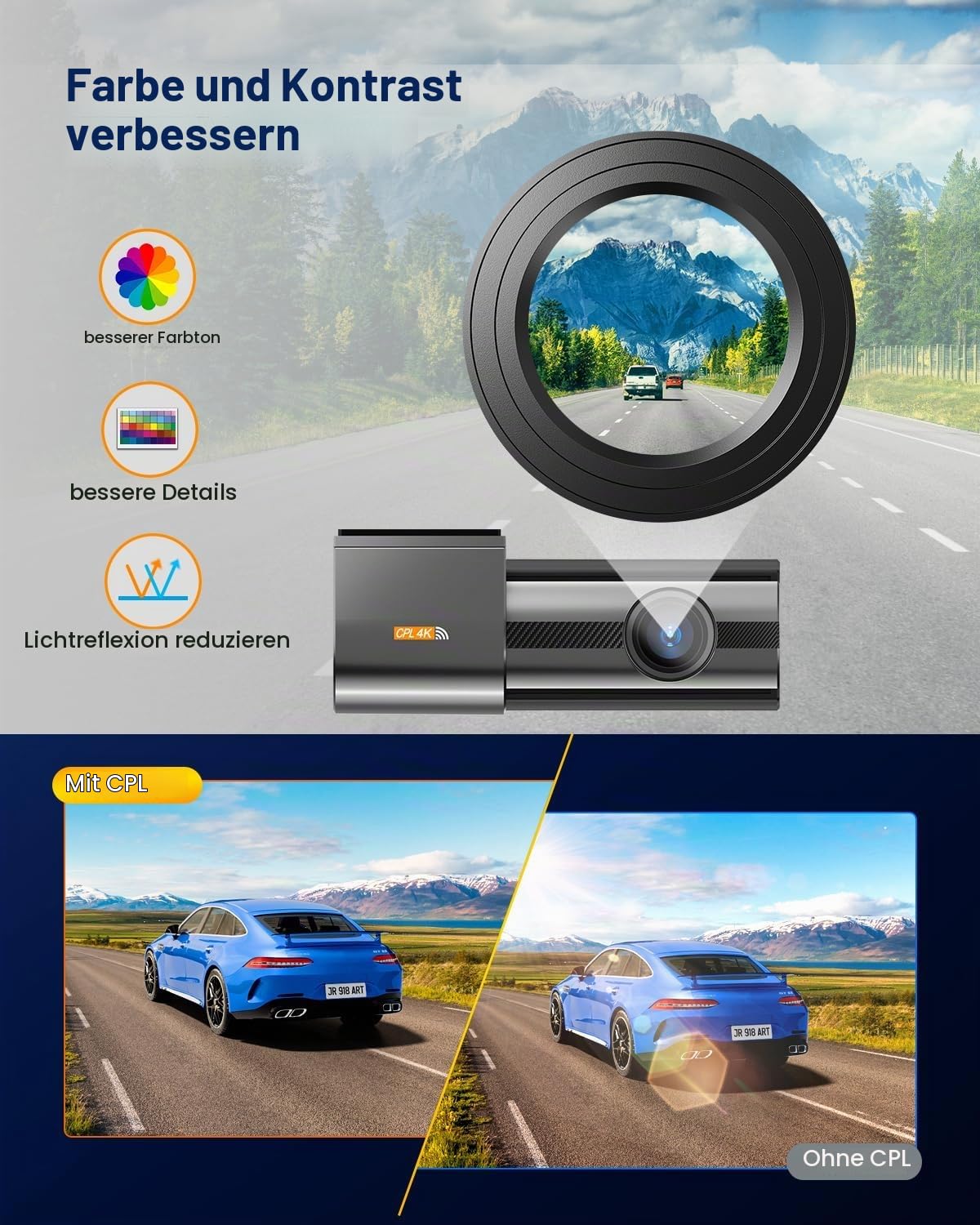 Dashcam Auto Vorne 4K WiFi Dash Cam 360° Drehbar mit 64GB SD Karte, 1.47" IPS Mini Auto Kamera mit CPL, Super Nachtsicht, WDR, 170° Weitwinkel, G-Sensor, Loop-Aufnahme, APP Steuerung, Max 256GB