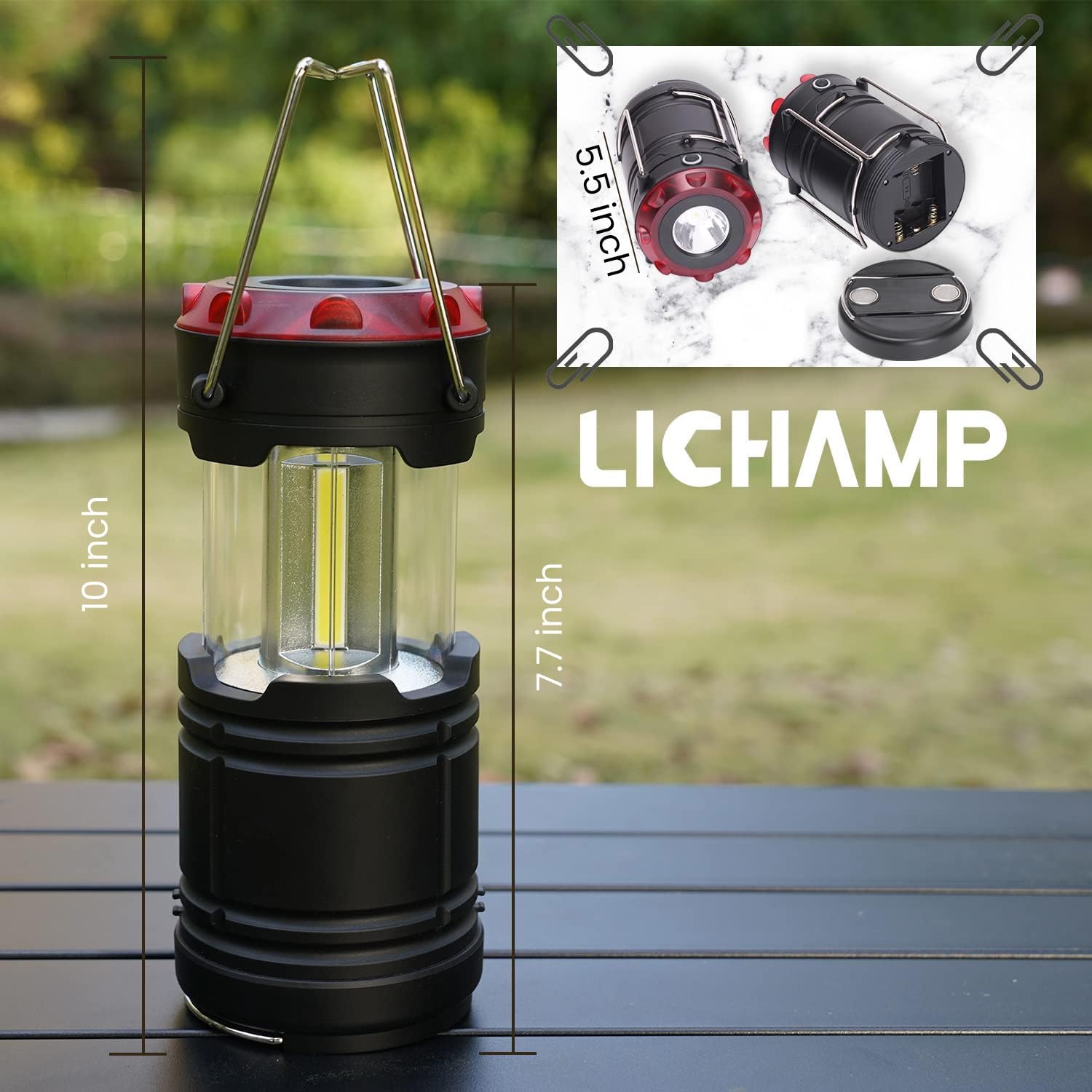 Lichamp Confezione da 2 lanterne da campeggio a LED, alimentate a batteria, torcia COB per interruzioni di corrente, forniture da campeggio e forniture per uragani domestici, H2BK